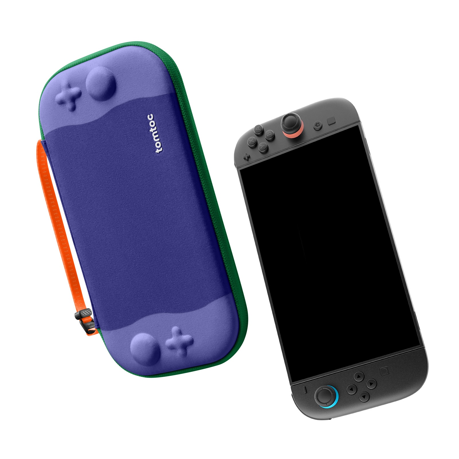 Fioletowo-zielone etui na Switch z pomarańczowym paskiem i czarną konsolą Switch.