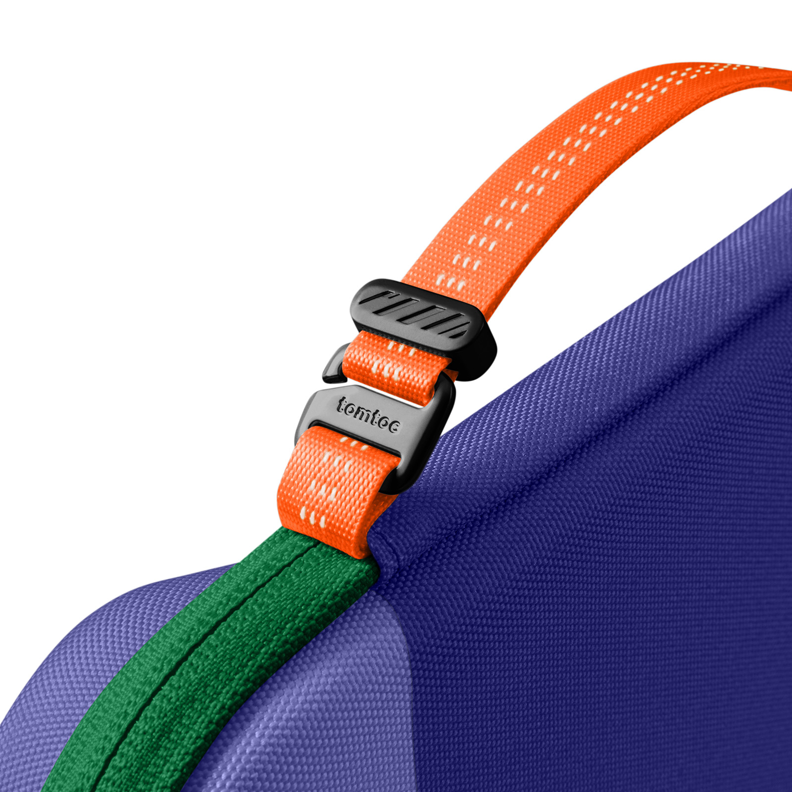 Zbliżenie na etui z pomarańczowym paskiem i czarną klamrą. Etui jest niebieskie, a zamek błyskawiczny zielony.