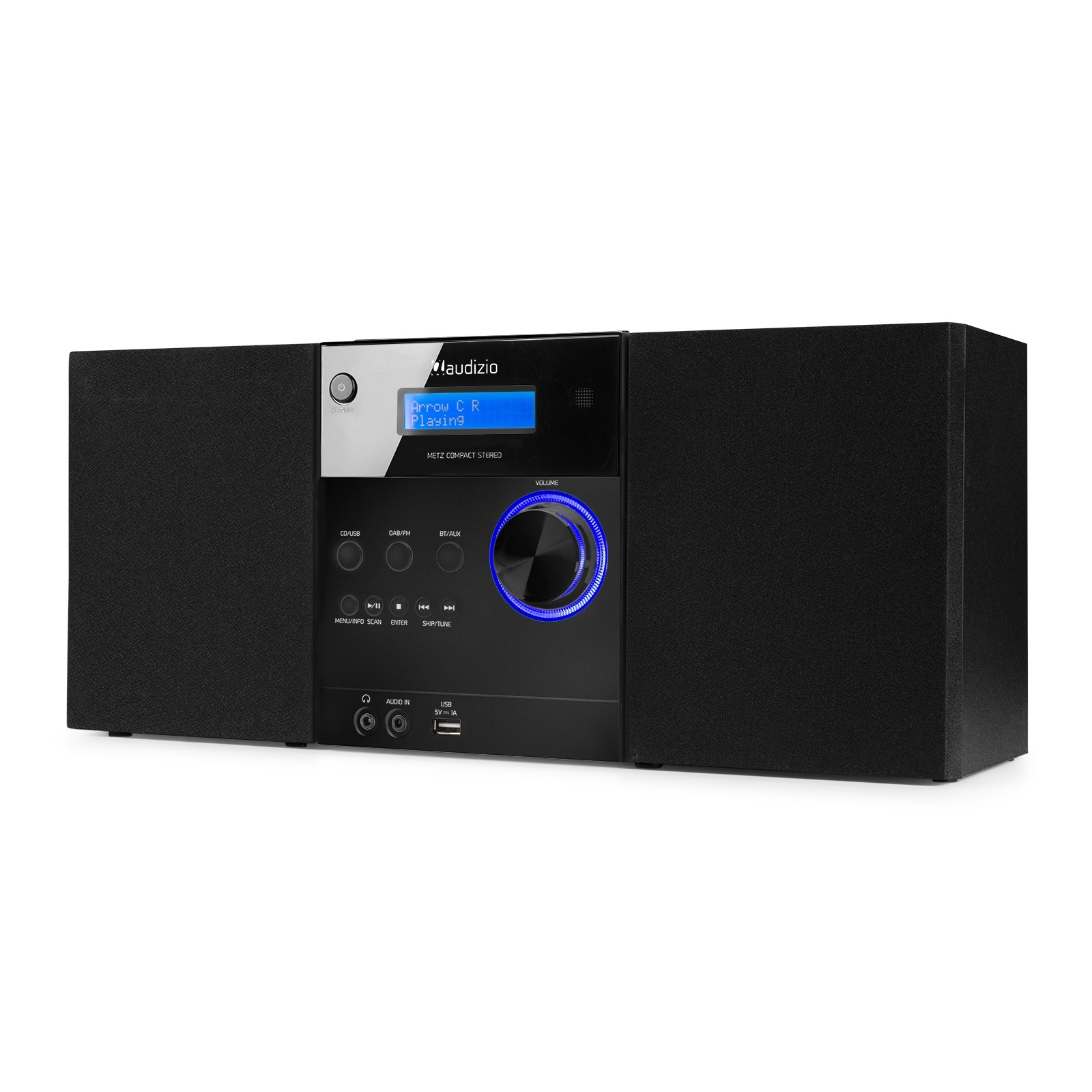 Un impianto stereo nero con manopola del volume illuminata di blu. Lo schermo visualizza 'Arrow C R Playing'.
