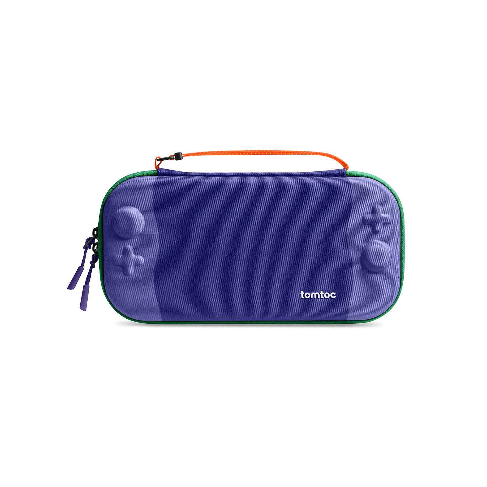 Fioletowe etui na Switcha z zielonymi obramowaniami i pomarańczowym uchwytem. Posiada kontury kontrolera i logo 'tomtoc'.