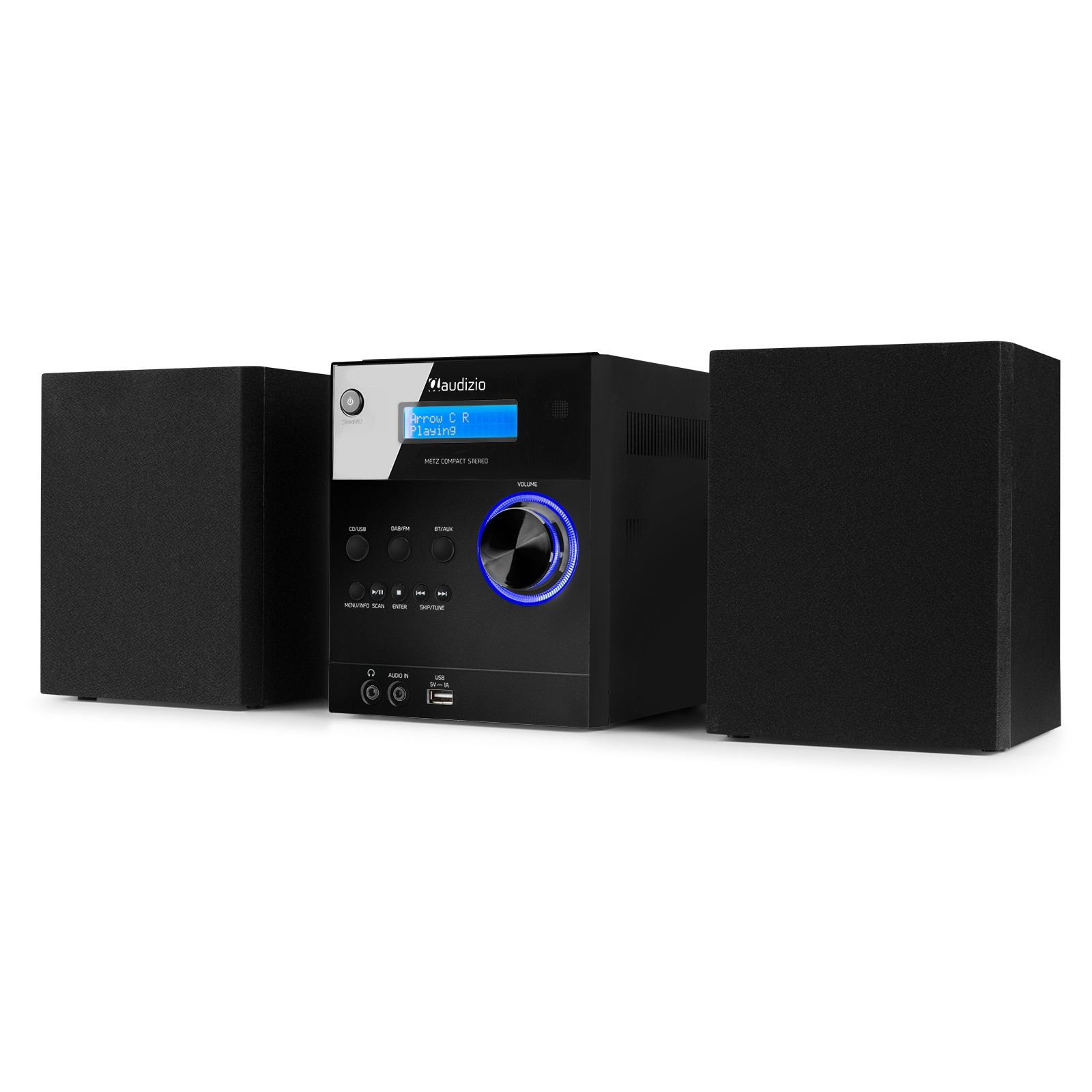 Un impianto stereo nero con due altoparlanti. Il display mostra 'Arrow C R Playing'. La manopola del volume si illumina di blu.