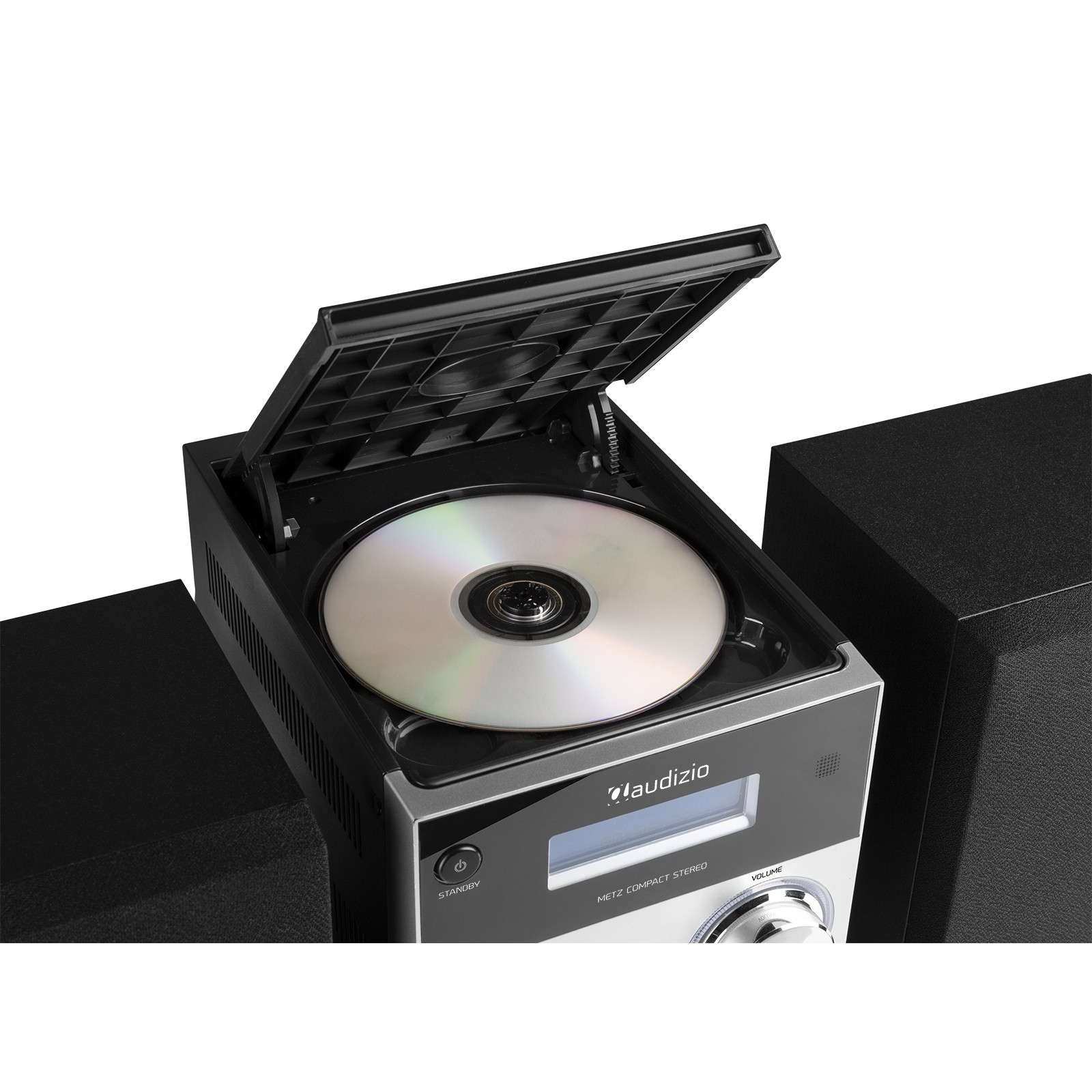 Un impianto stereo compatto con un CD all'interno. Il vassoio è aperto. Altoparlanti neri su entrambi i lati.