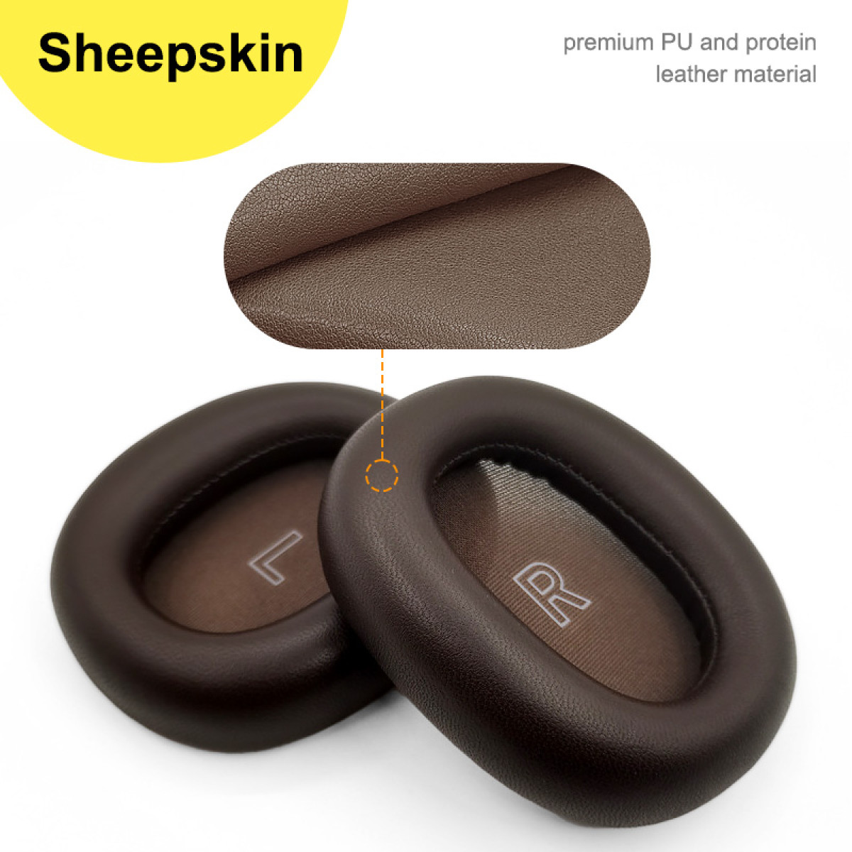 Zwei braune Ohrmuscheln mit Schaffell, eine Nahaufnahme des Materials und Text mit der Aufschrift 'Premium PU und Protein Ledermaterial'.