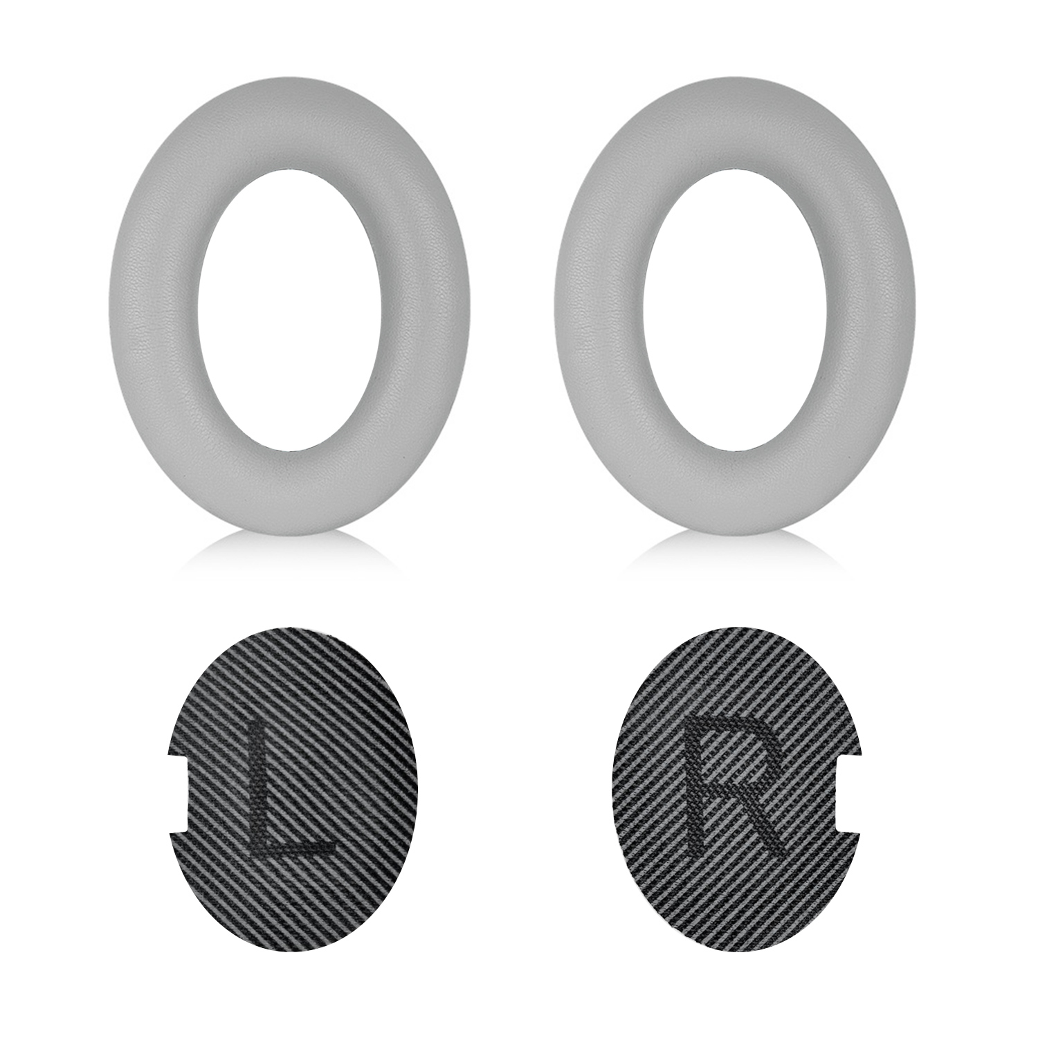 Zwei graue Ohrpolster und zwei schwarze runde Abdeckungen. Eine Abdeckung hat ein 'L', die andere ein 'R'. Alles auf weißem Hintergrund.