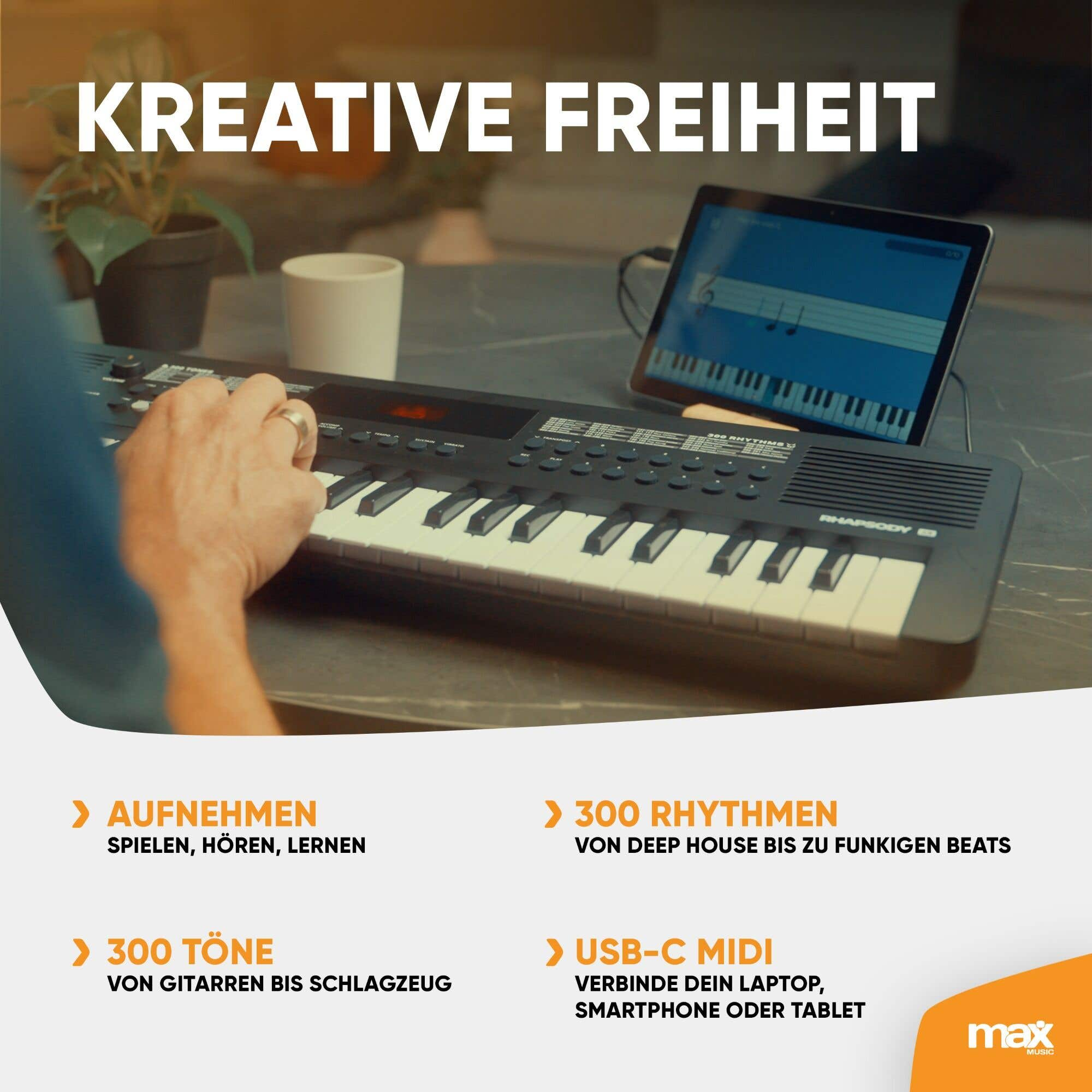 Una mano sobre un teclado negro, con una tableta que muestra notas musicales. El texto dice: libertad creativa, 300 ritmos y USB-C MIDI.