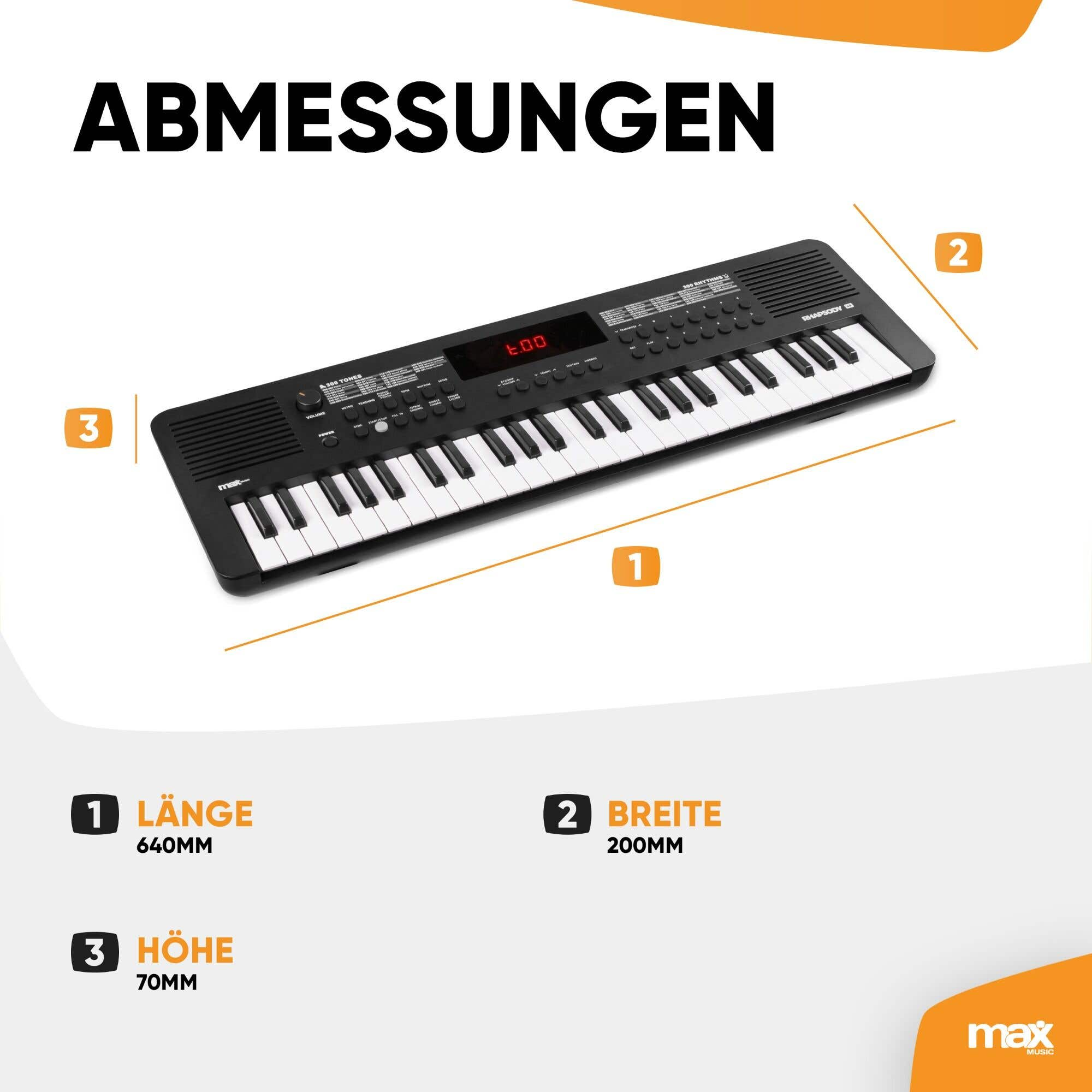 Un teclado negro con teclas blancas. Se muestran las dimensiones: largo, ancho y alto. La marca es max music.