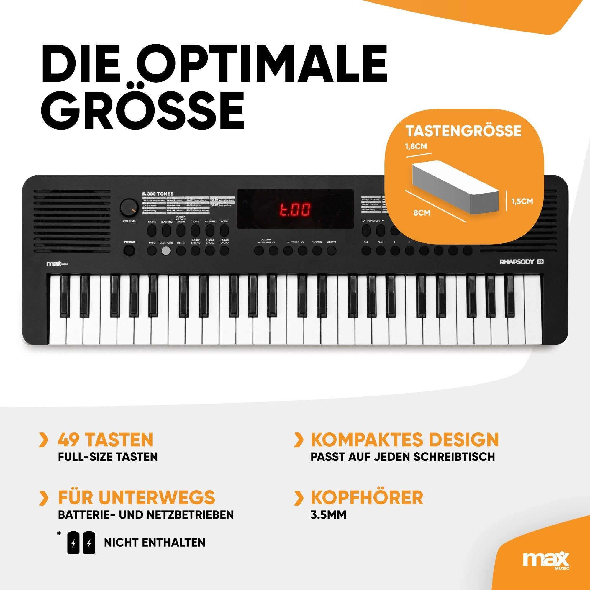 Un teclado negro con teclas blancas. Texto: Die optimale Größe. Características: 49 teclas, diseño compacto y puerto de auriculares.