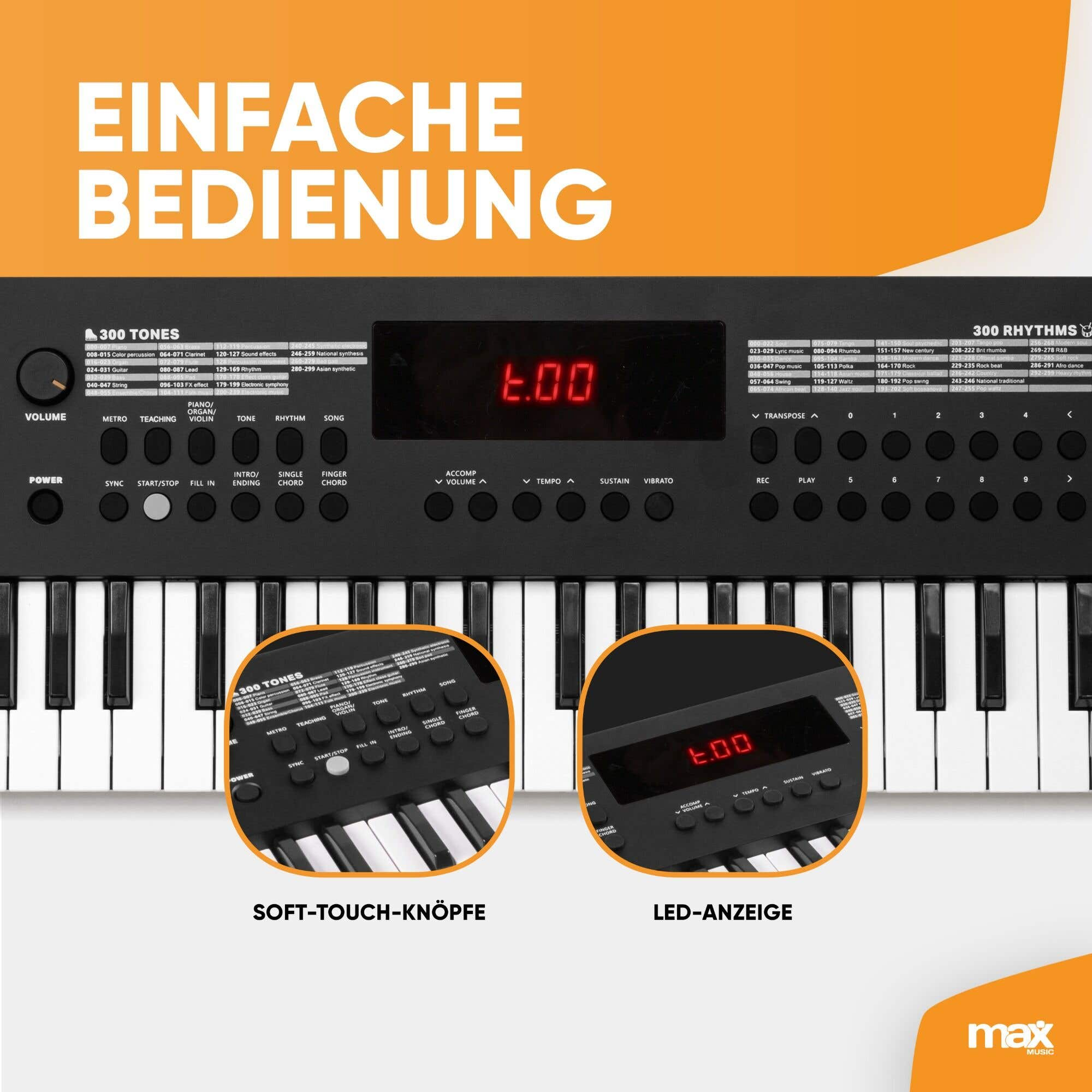 Teclado negro con teclas blancas, pantalla LED roja y botones con términos musicales.