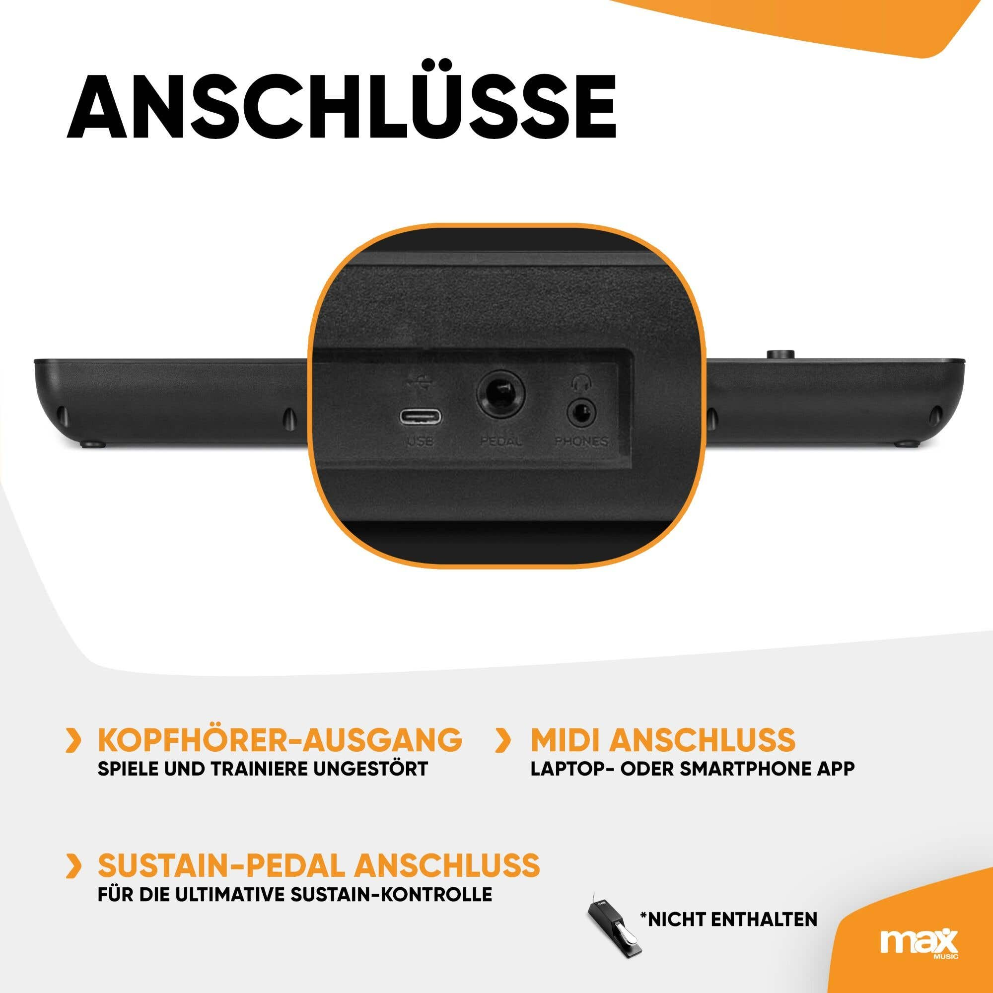 Un panel de puertos de teclado negro con conectores USB, pedal y teléfono. El texto indica conexiones de auriculares, MIDI y pedal de sostenido.