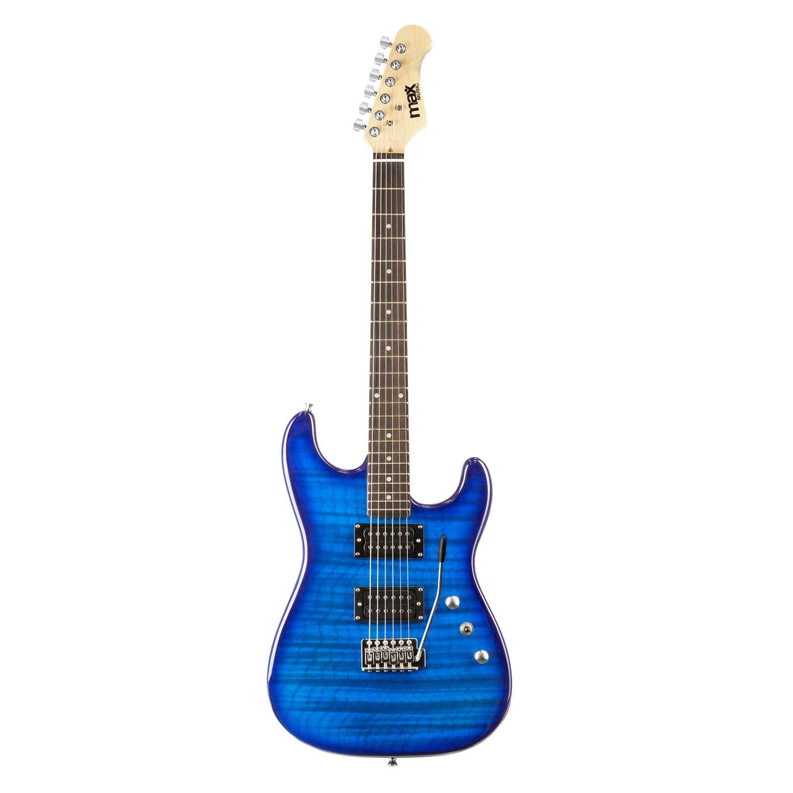 Une guitare électrique bleue avec manche et tête en bois, fond blanc et la marque 'max' sur la tête.