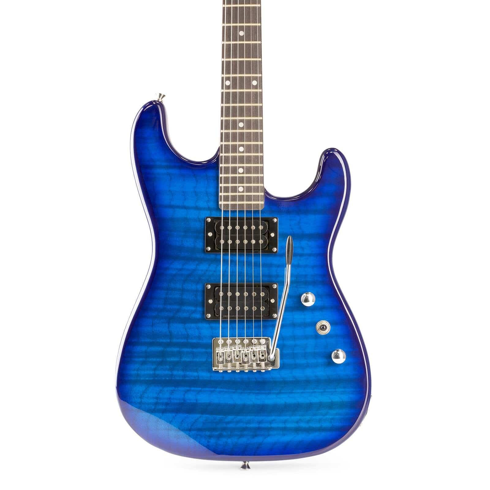 Guitare électrique bleue sur fond blanc. Comprend un bras de vibrato, des micros et des mécaniques.