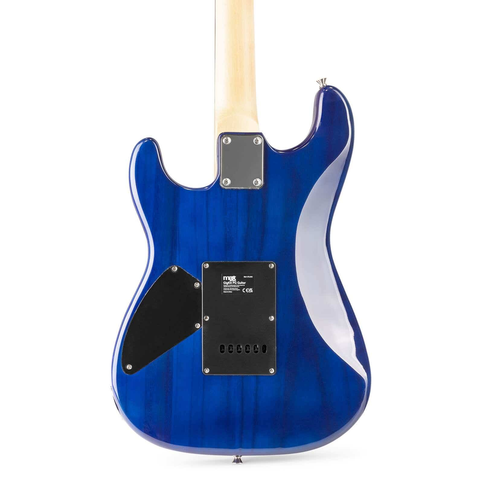 Dos de guitare électrique bleue. Couvercles et panneau de contrôle noirs. Manche en bois clair. Fond blanc.