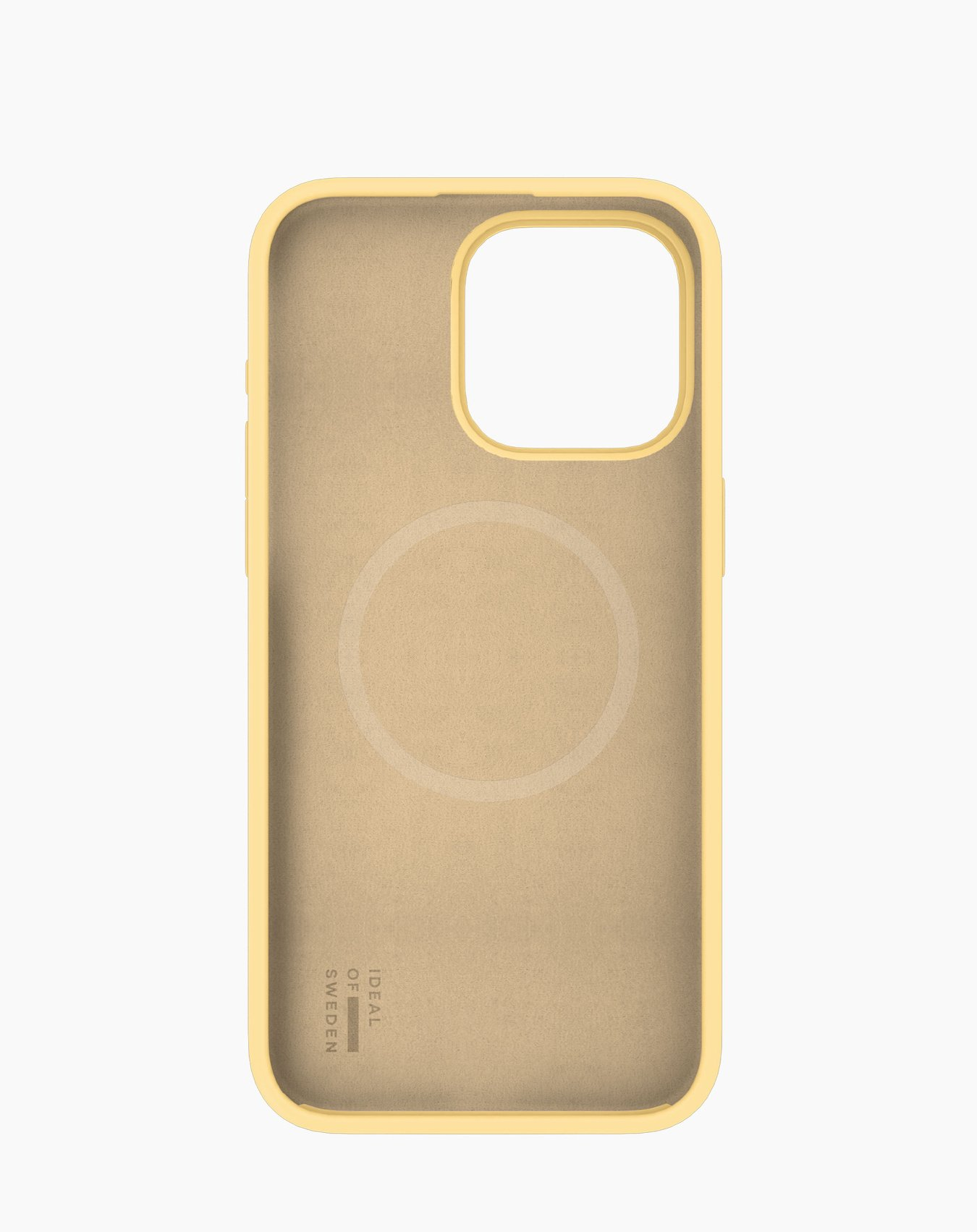 Eine hellgelbe Handyhülle mit Kameraausschnitt. Die Innenseite ist beige, mit dem Text "IDEAL OF SWEDEN".