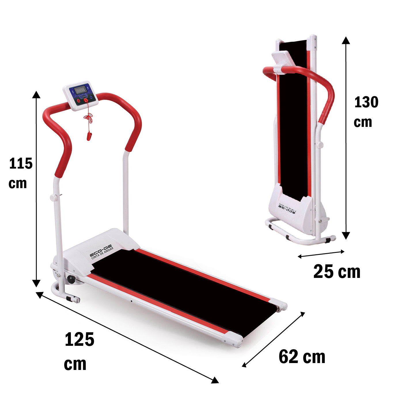 Dos cintas de correr. Una plegada, la otra abierta. Ambas blancas con detalles rojos. Las dimensiones están etiquetadas en cm.