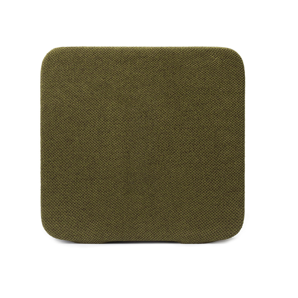 Un coussin carré vert olive centré sur fond blanc. Le coussin a des coins arrondis et une surface texturée.