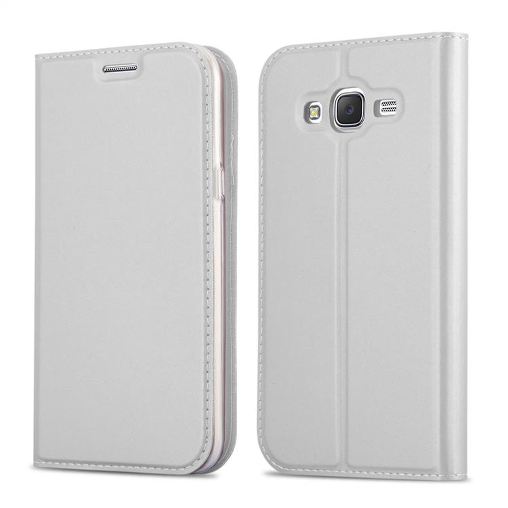 Una funda de teléfono gris claro. La funda está en dos partes, una cerrada, la otra tiene agujeros para la cámara y el altavoz.
