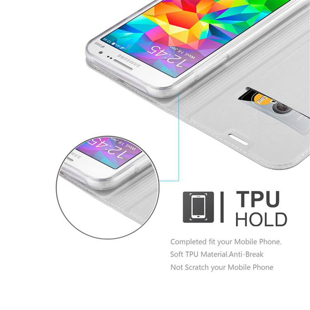 Un teléfono blanco en una funda muestra una pantalla colorida. La funda tiene una ranura para tarjetas. El texto dice 'TPU HOLD' y detalles del producto.