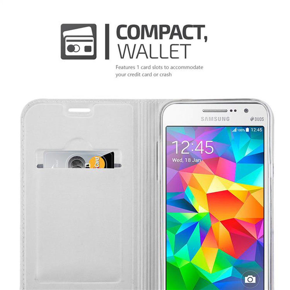 Una funda blanca para teléfono con ranura para tarjetas de crédito. El teléfono muestra las 12:45. El texto dice 'Compact Wallet'.