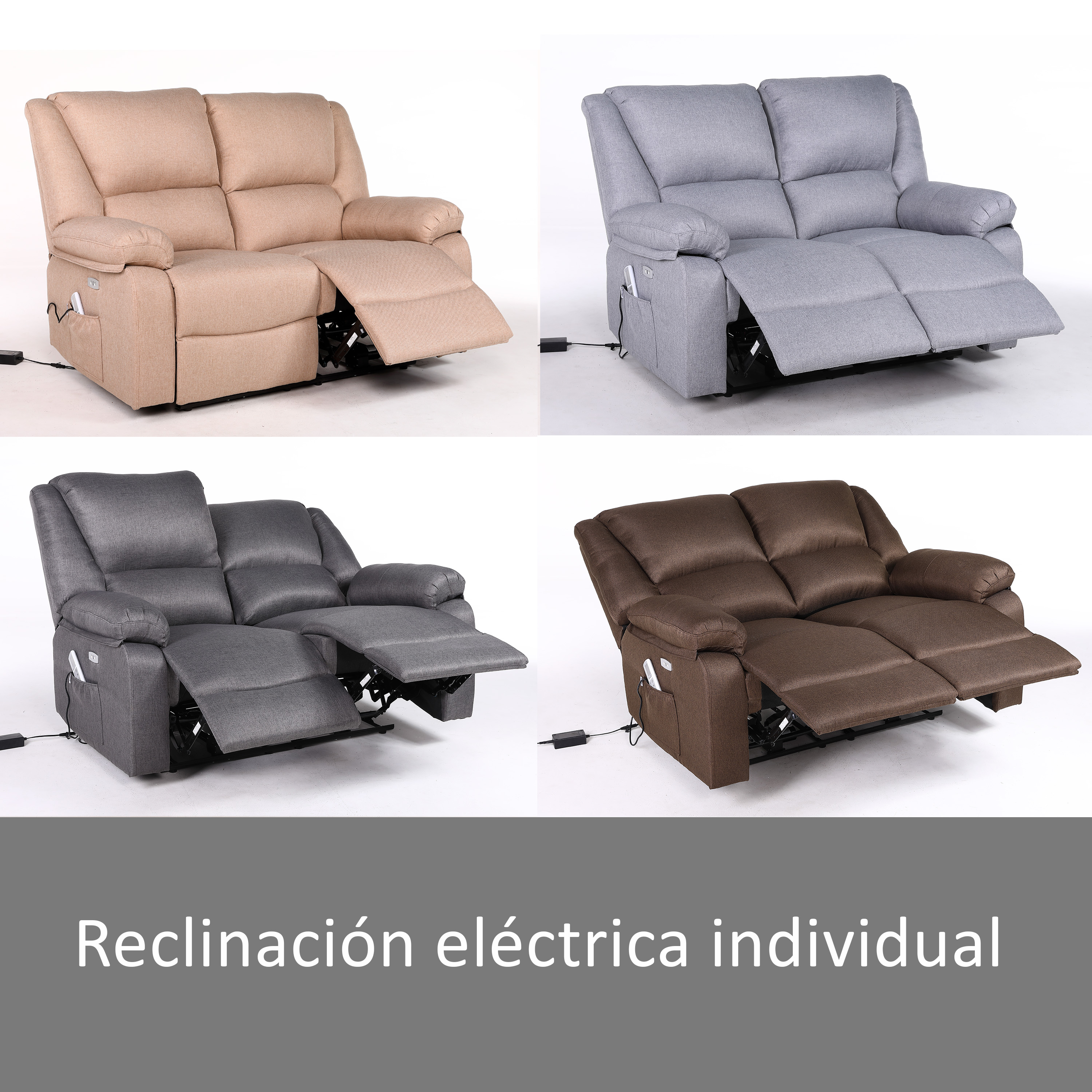Cuatro sofás reclinables de dos plazas en diferentes colores. Cada sofá tiene reposapiés extendidos. El texto dice: Reclinación eléctrica individual.