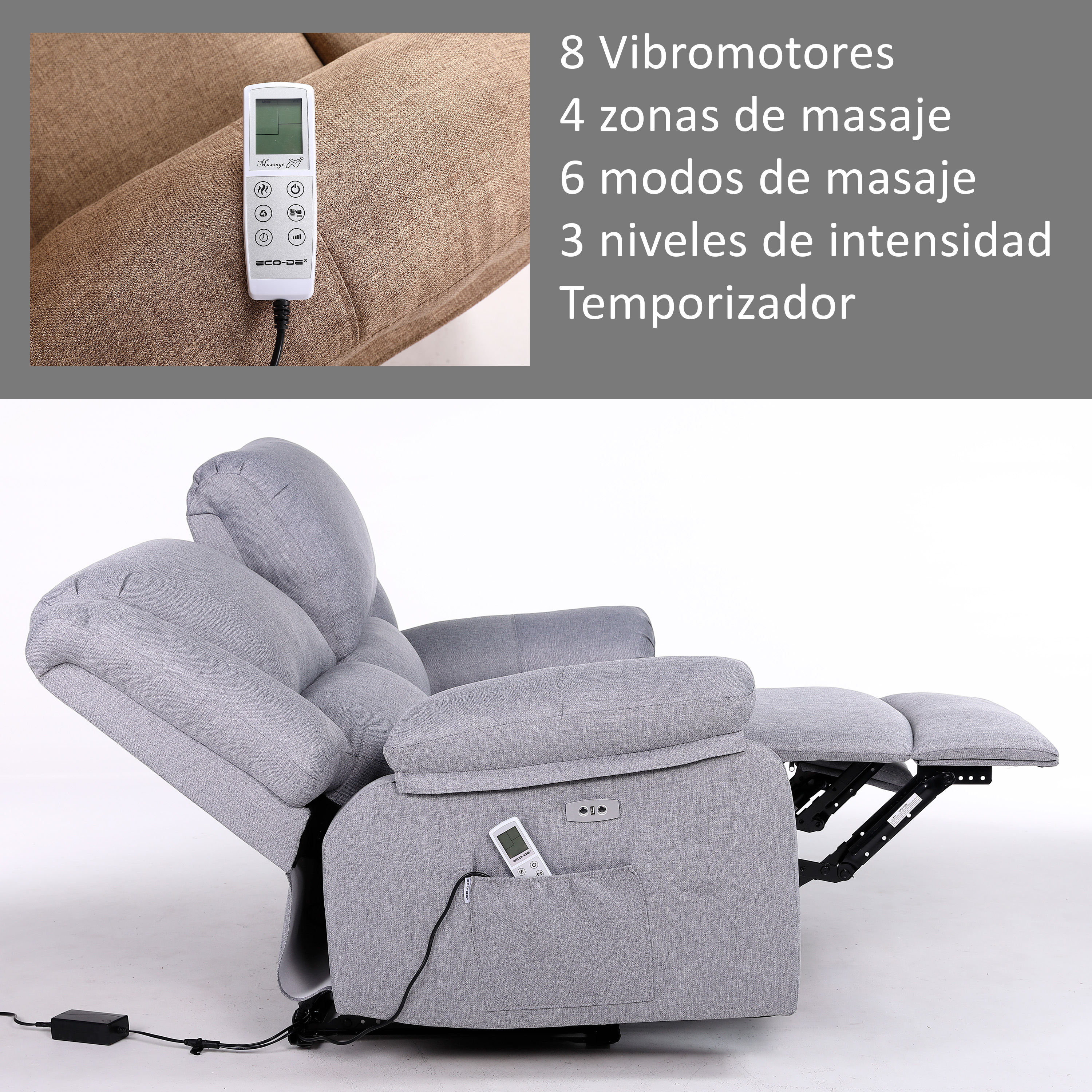Sillón reclinable gris con mando a distancia en un bolsillo. Incluye zonas de masaje, modos y niveles de intensidad.