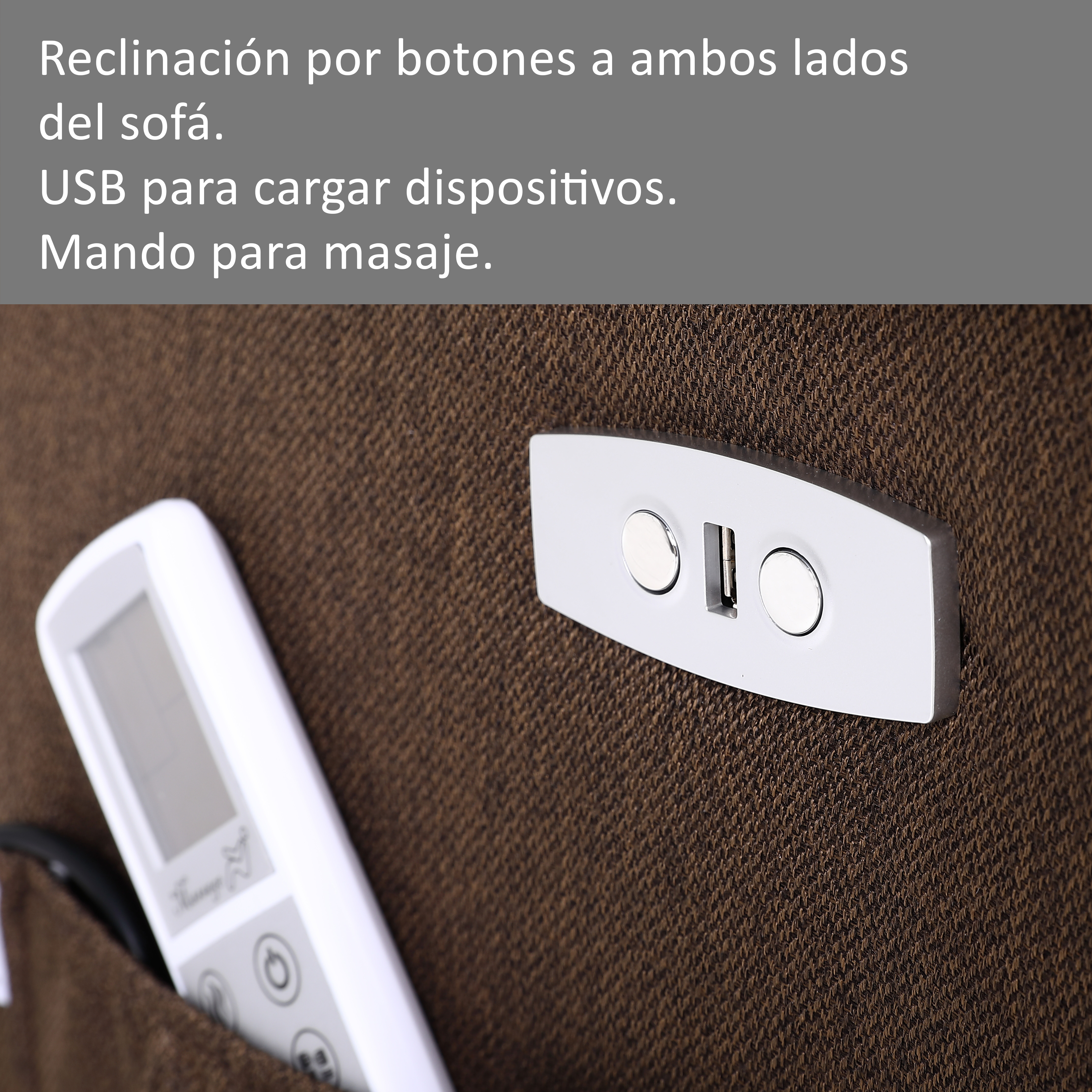 Primer plano del lateral de un sofá con panel de control, puerto USB y mando a distancia en un bolsillo. Tejido marrón.