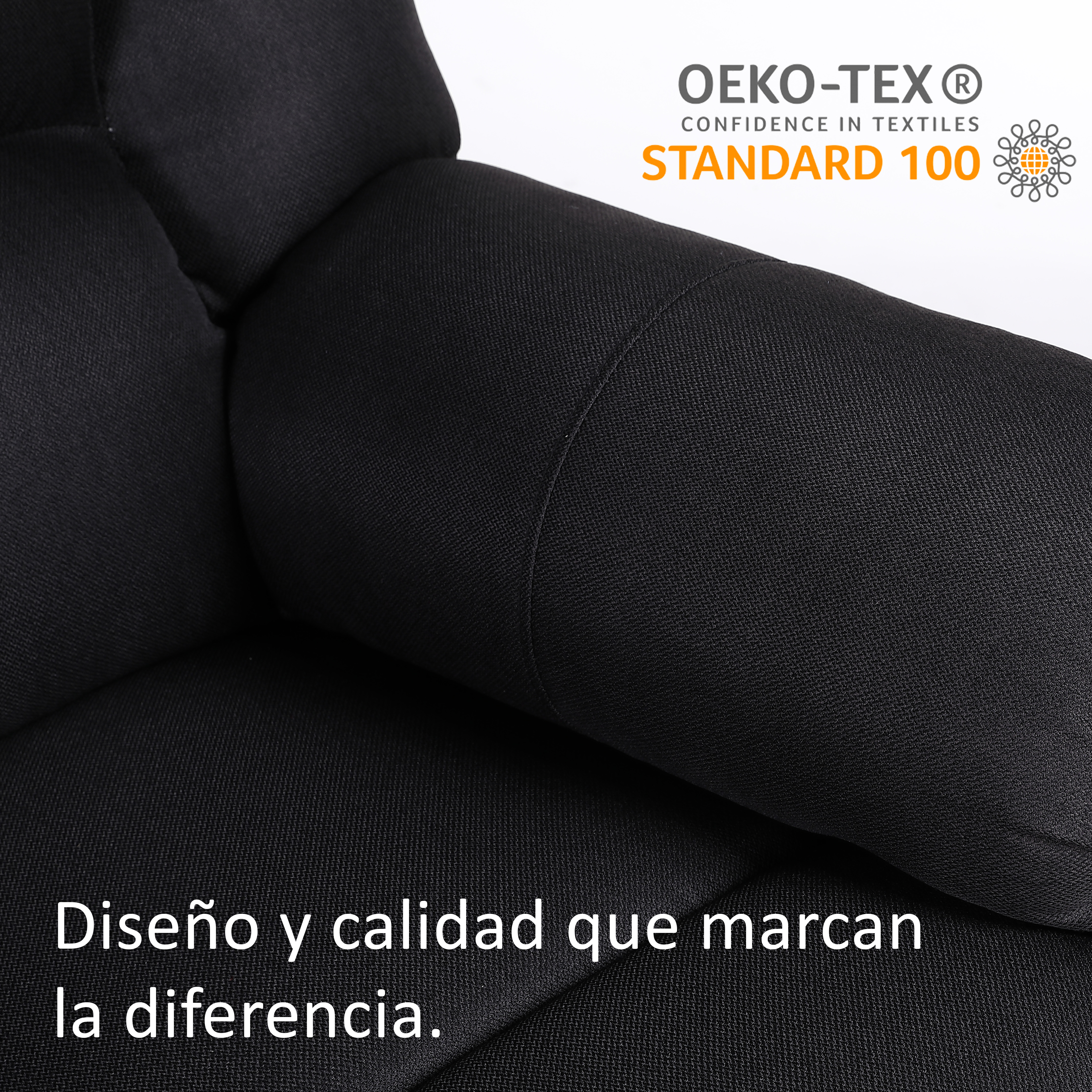 Detalle de tela negra con texto en español: Diseño y calidad que marcan la diferencia. Logo Oeko-Tex.