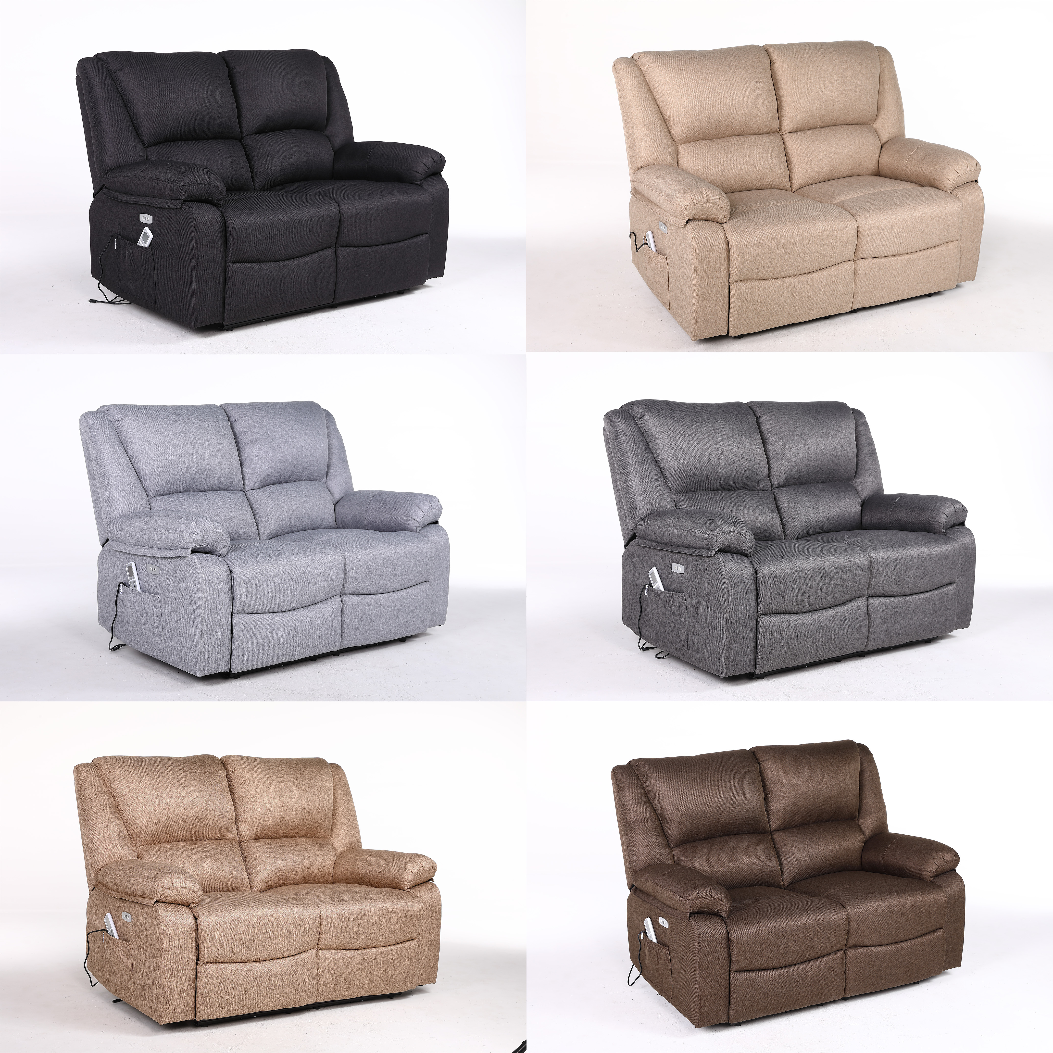 Seis sofás reclinables de dos plazas en diferentes colores: negro, beige, gris, gris oscuro, canela y marrón, sobre fondo blanco.
