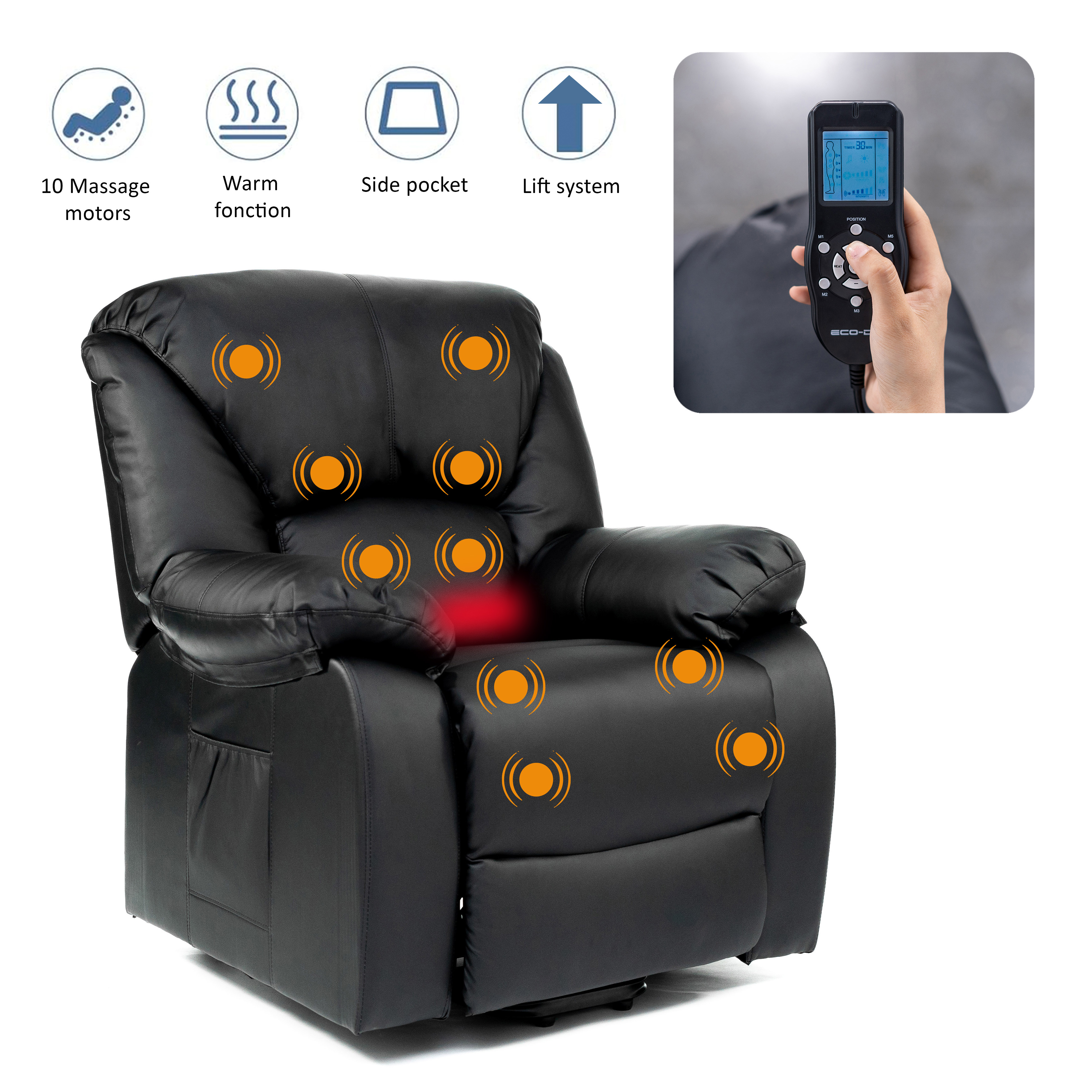 Sillón reclinable de masaje negro con mando a distancia. Incluye 10 motores de masaje, bolsillo lateral y sistema de elevación.