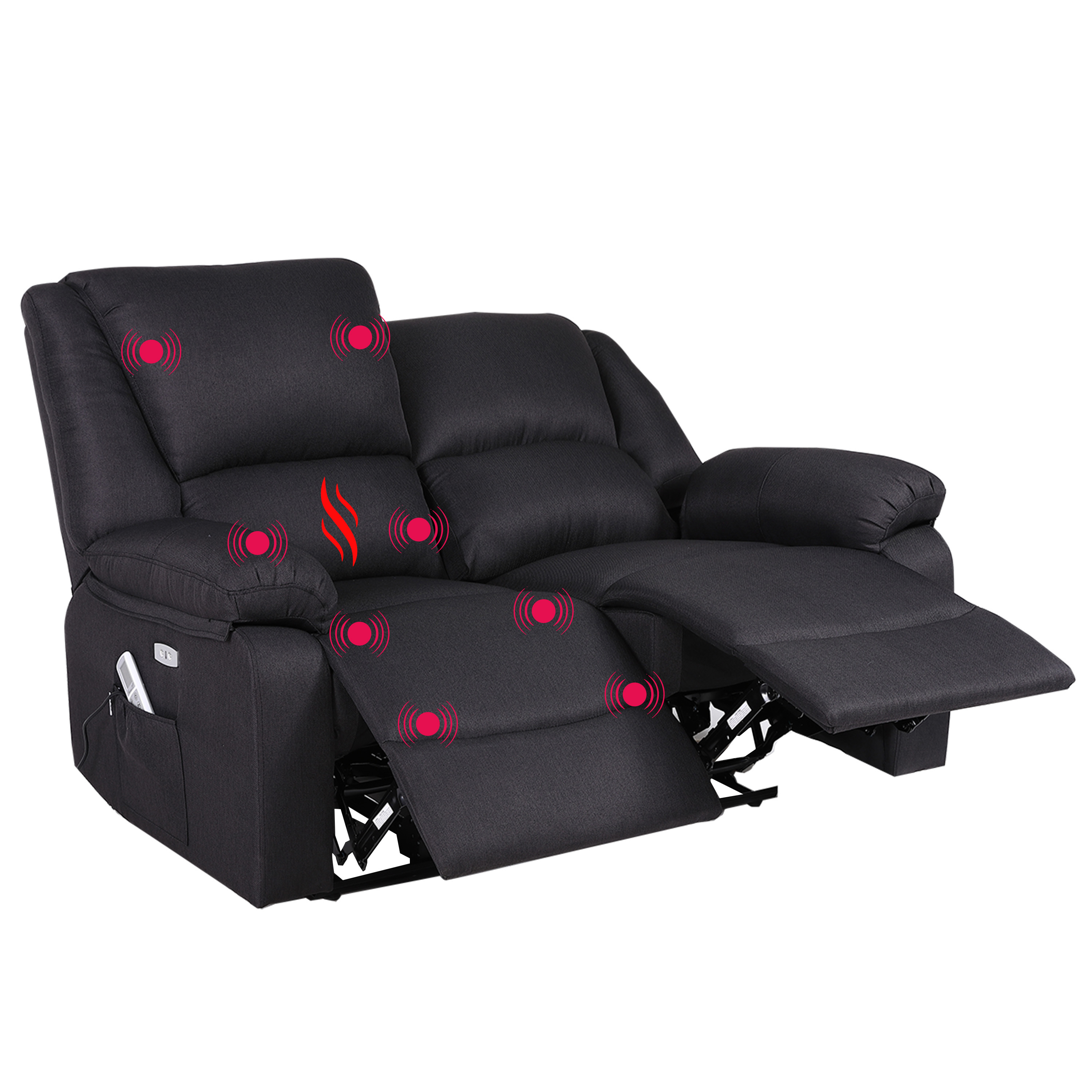 Sillón reclinable negro con símbolos de masaje rojos. Un reposapiés extendido. Fondo blanco.