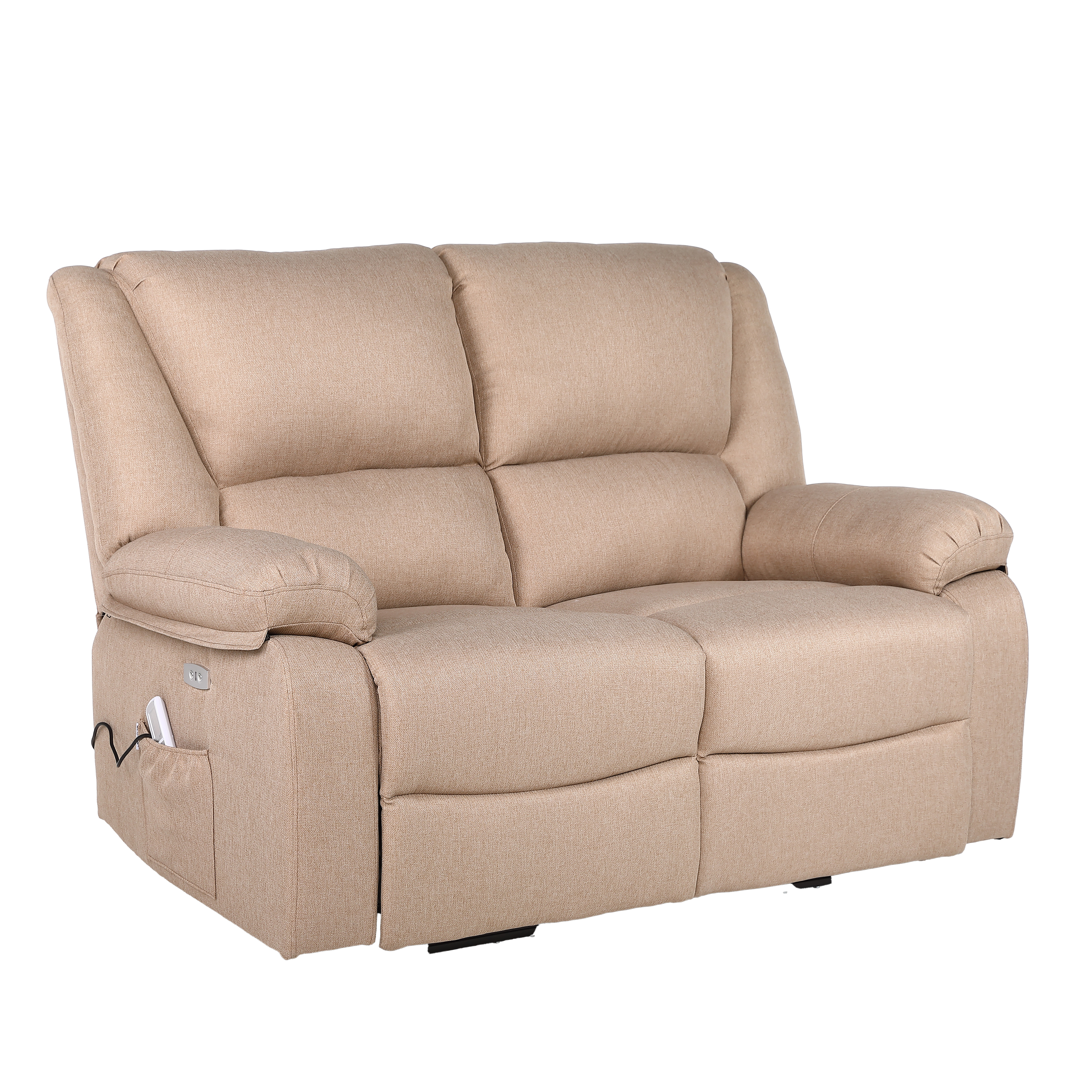Un sofá reclinable beige de dos plazas sobre un fondo blanco. Tiene dos asientos, reposabrazos y un bolsillo con mando.