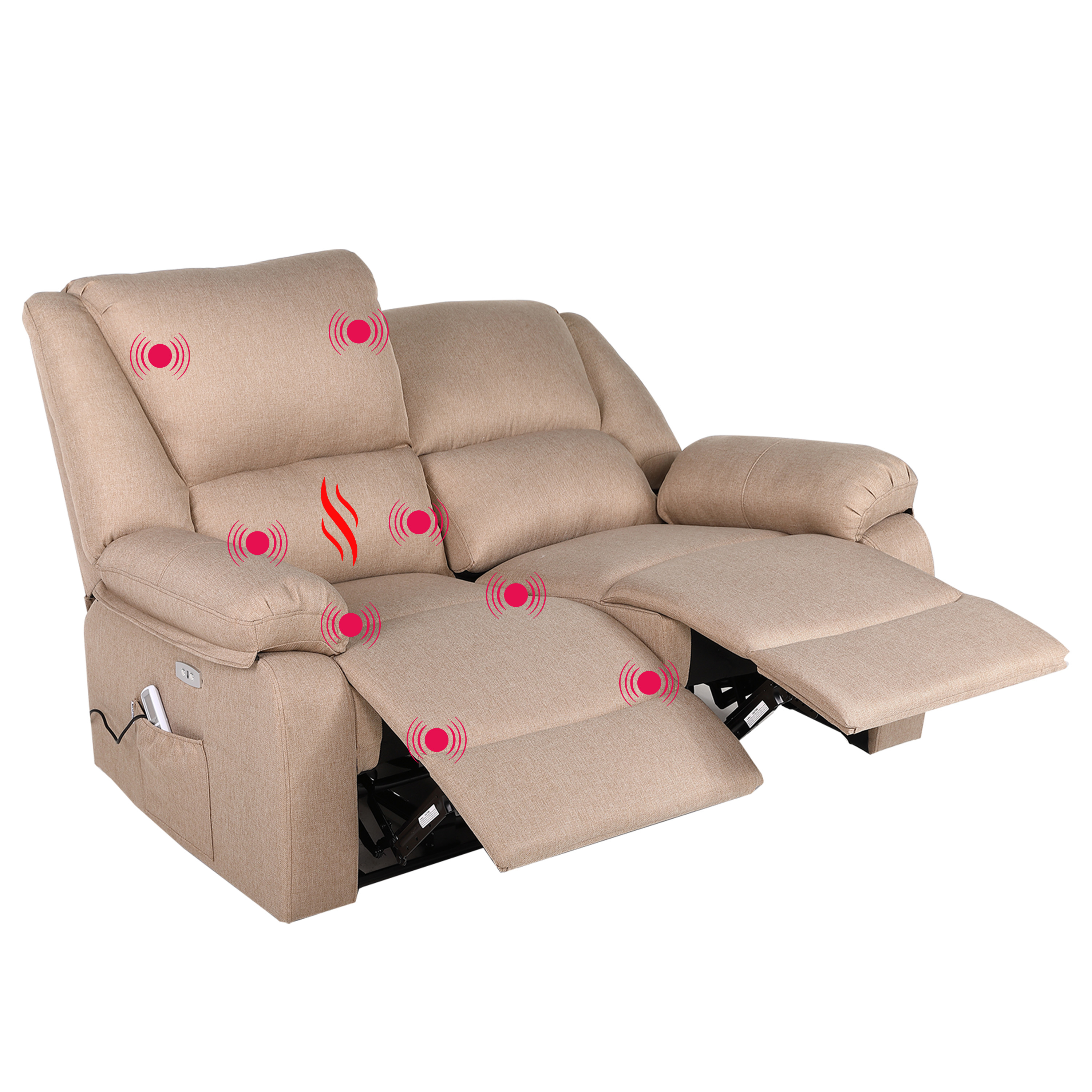 Un sillón reclinable beige con indicadores de masaje rojos. La silla está parcialmente reclinada. Un mando a distancia está en el bolsillo lateral.