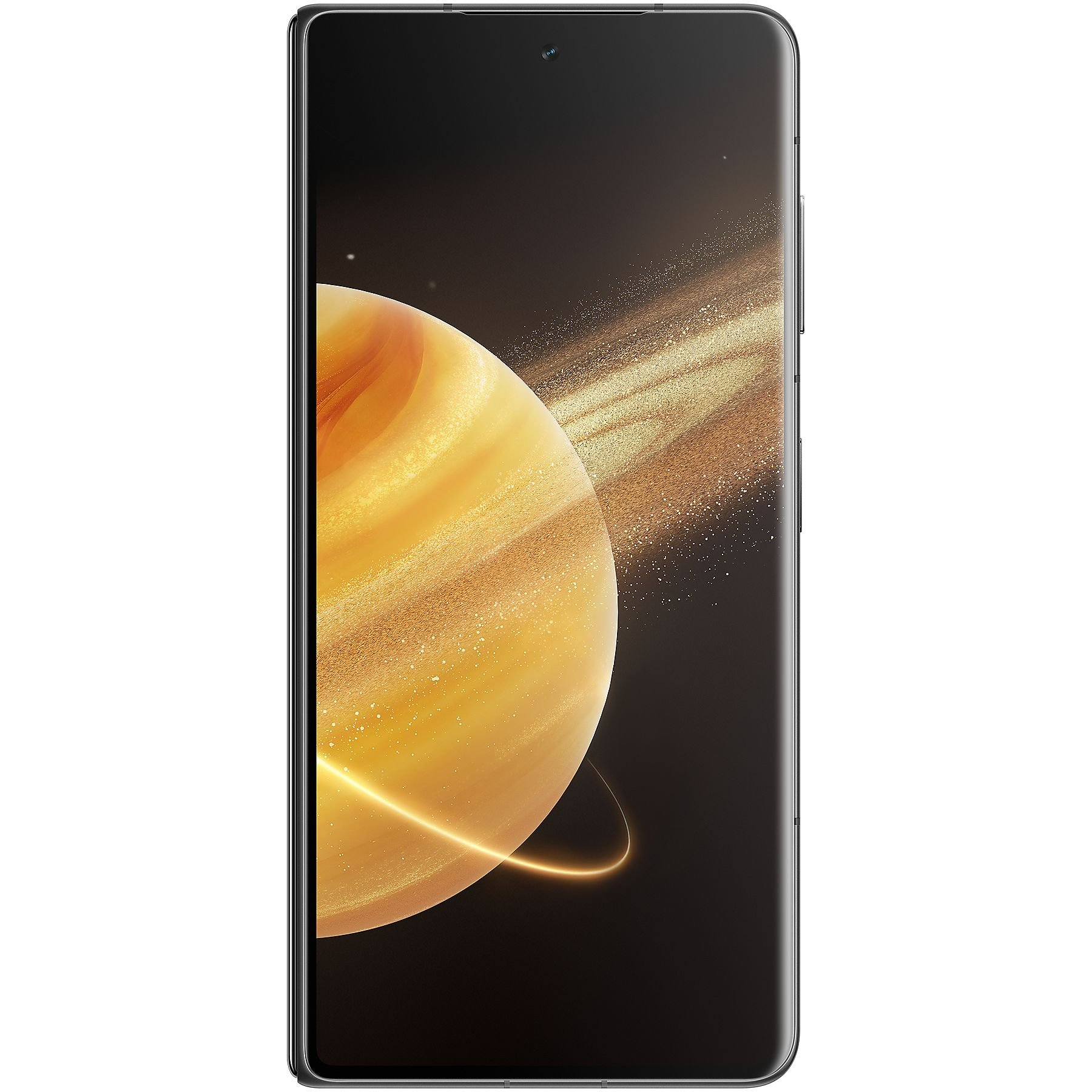 Schermo smartphone mostra Saturno con anelli. Sfondo scuro, dominano toni oro e arancioni.