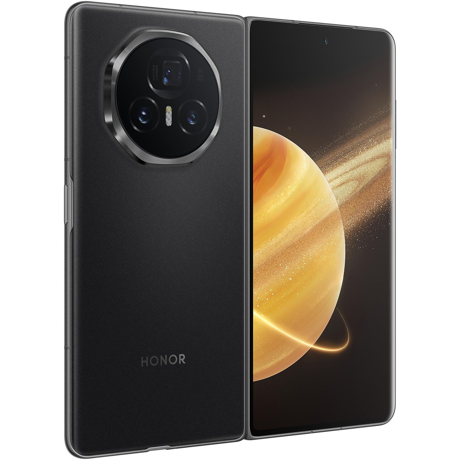 Uno smartphone nero con un ampio modulo fotocamera. Lo schermo mostra un'immagine dorata simile a un pianeta.