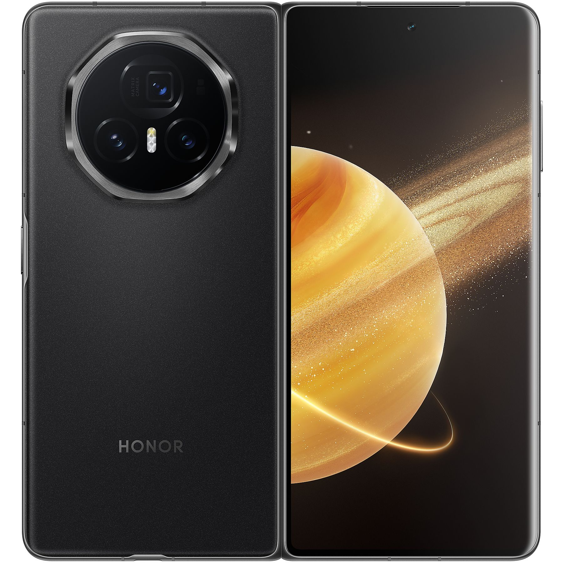 Smartphone Honor nero con retro e modulo fotocamera e schermo con grafica dorata simile a un pianeta.