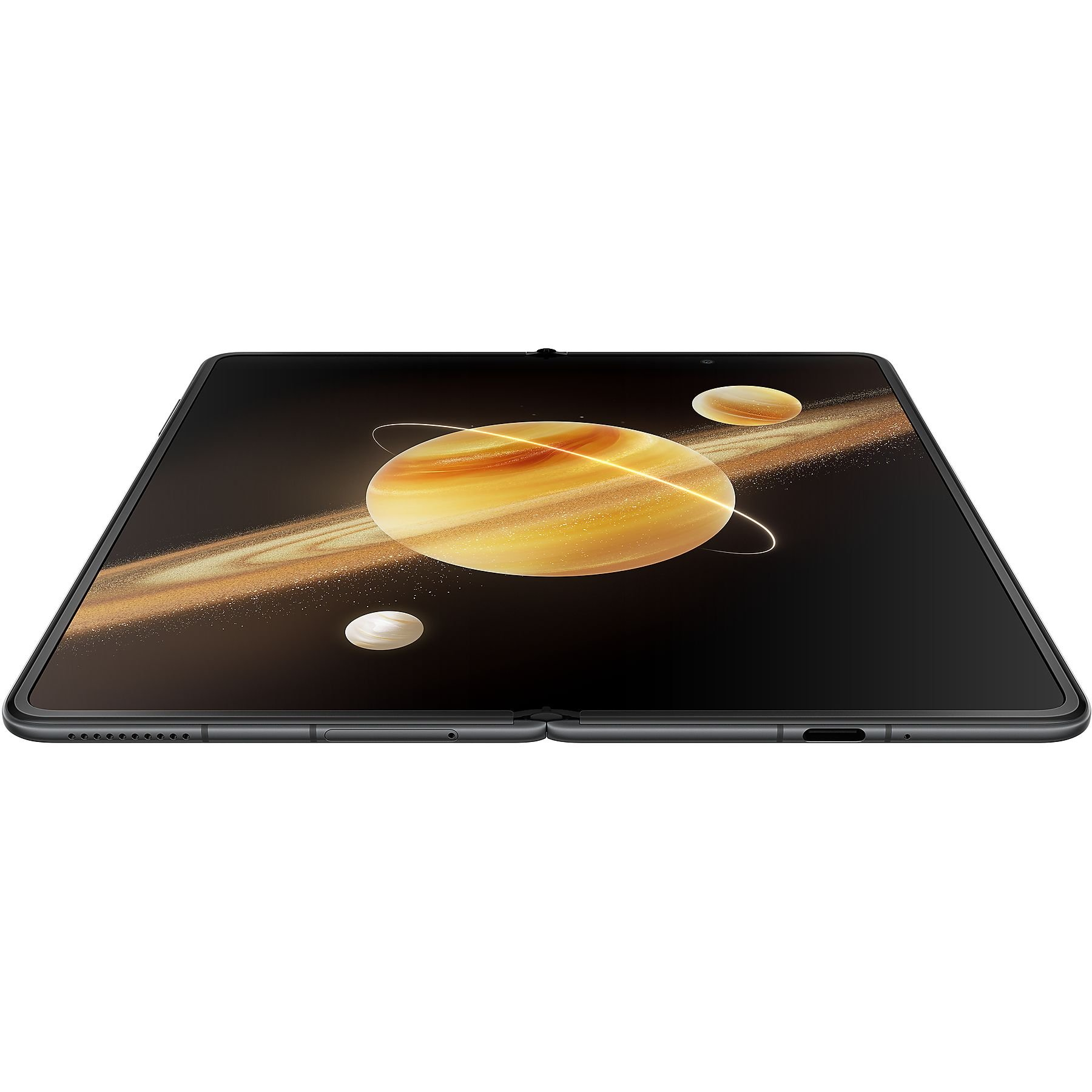 Un tablet nero piegato mostra una scena spaziale con pianeti e anelli. Il tablet è su sfondo bianco.