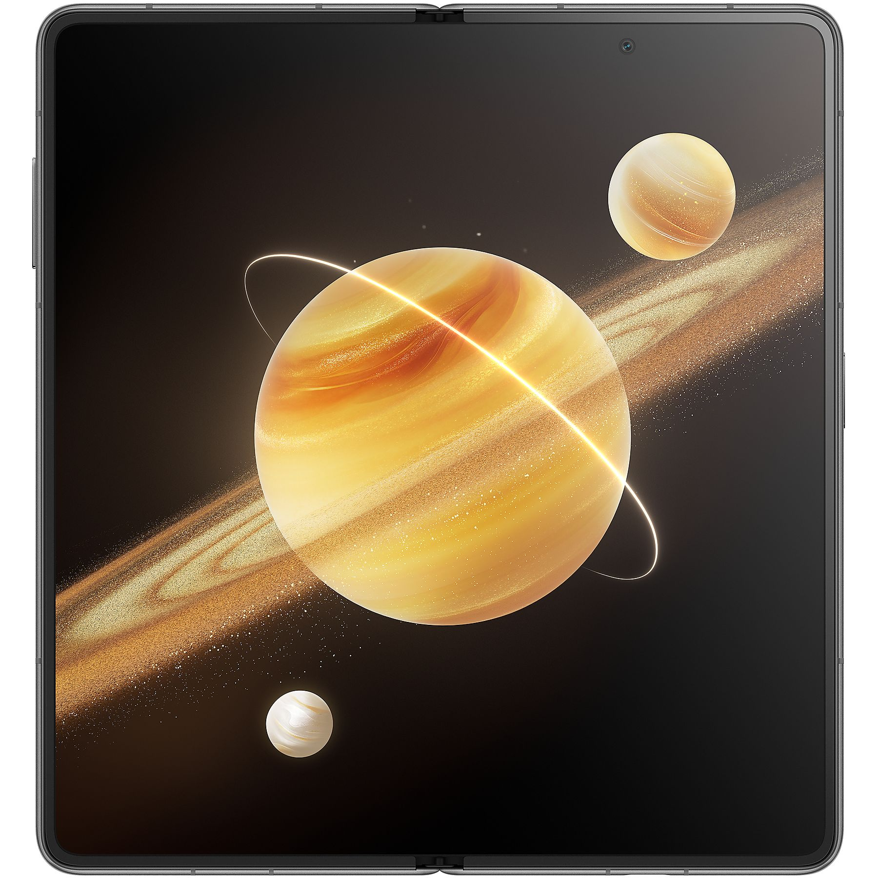 Lo schermo del telefono pieghevole mostra una scena planetaria con anelli e pianeti più piccoli su sfondo scuro. Il telefono è aperto.