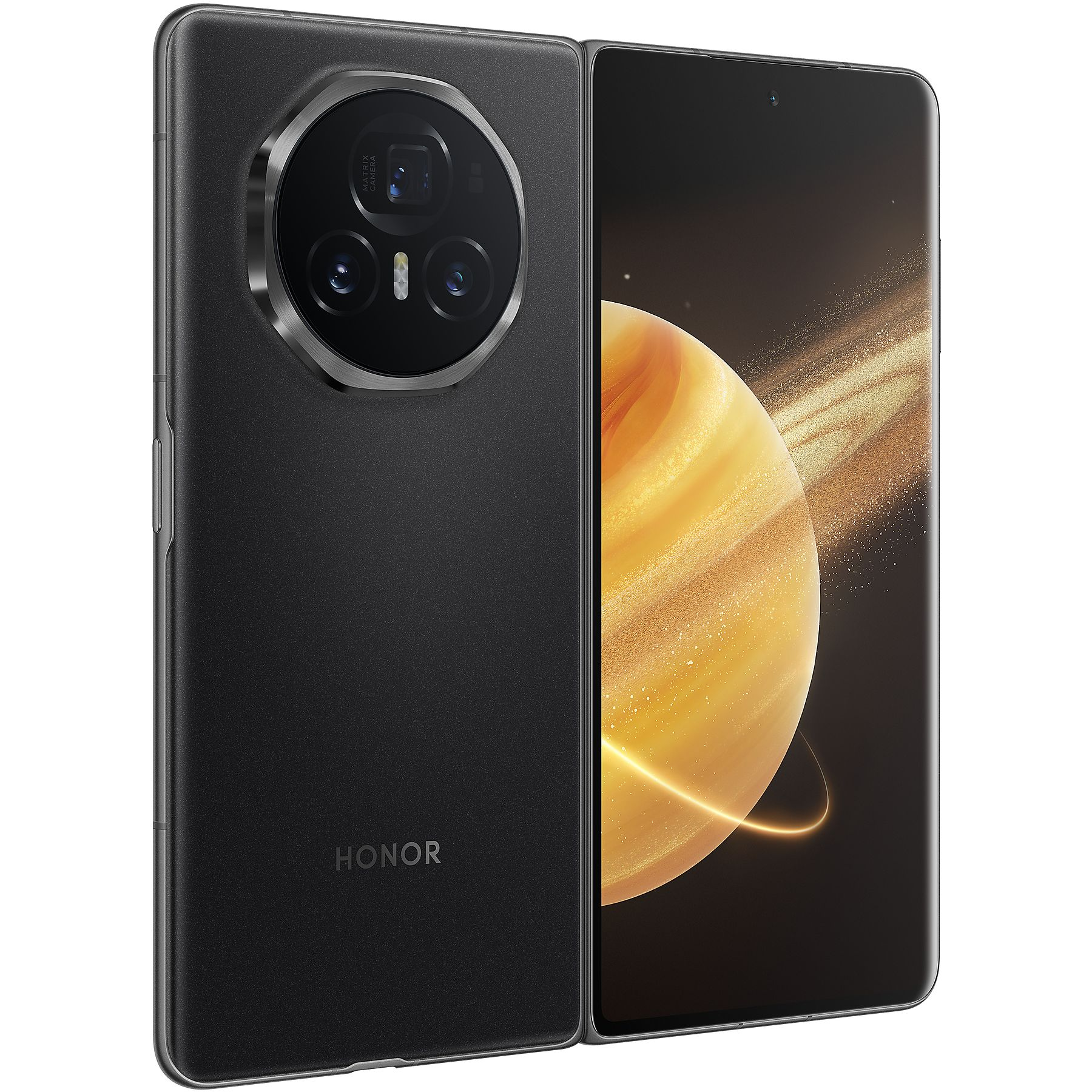 Telefono Honor nero, piegato, con schermo che mostra un pianeta dorato. Il retro ha un modulo fotocamera e il logo HONOR.