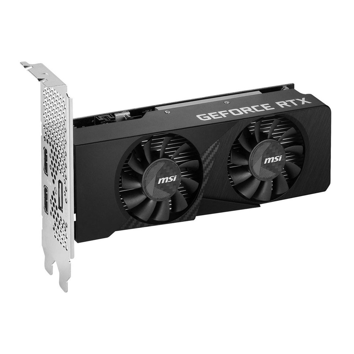 Czarna karta graficzna MSI GeForce RTX z dwoma wentylatorami. Karta ma srebrny wspornik z portami. Widoczne są napisy 'MSI' i 'GeForce RTX'.