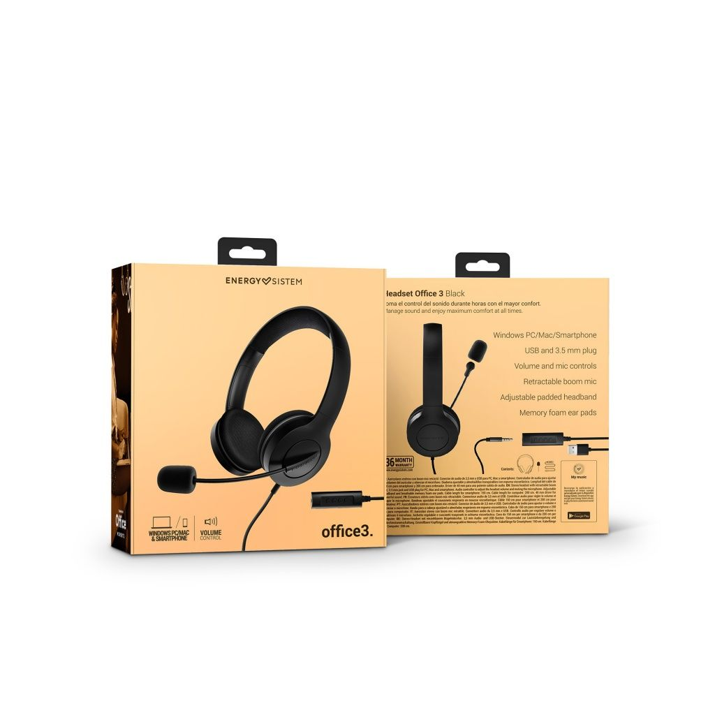Auriculares negros en una caja. Incluye micrófono, control de volumen y compatibilidad con PC/Mac/Smartphone.