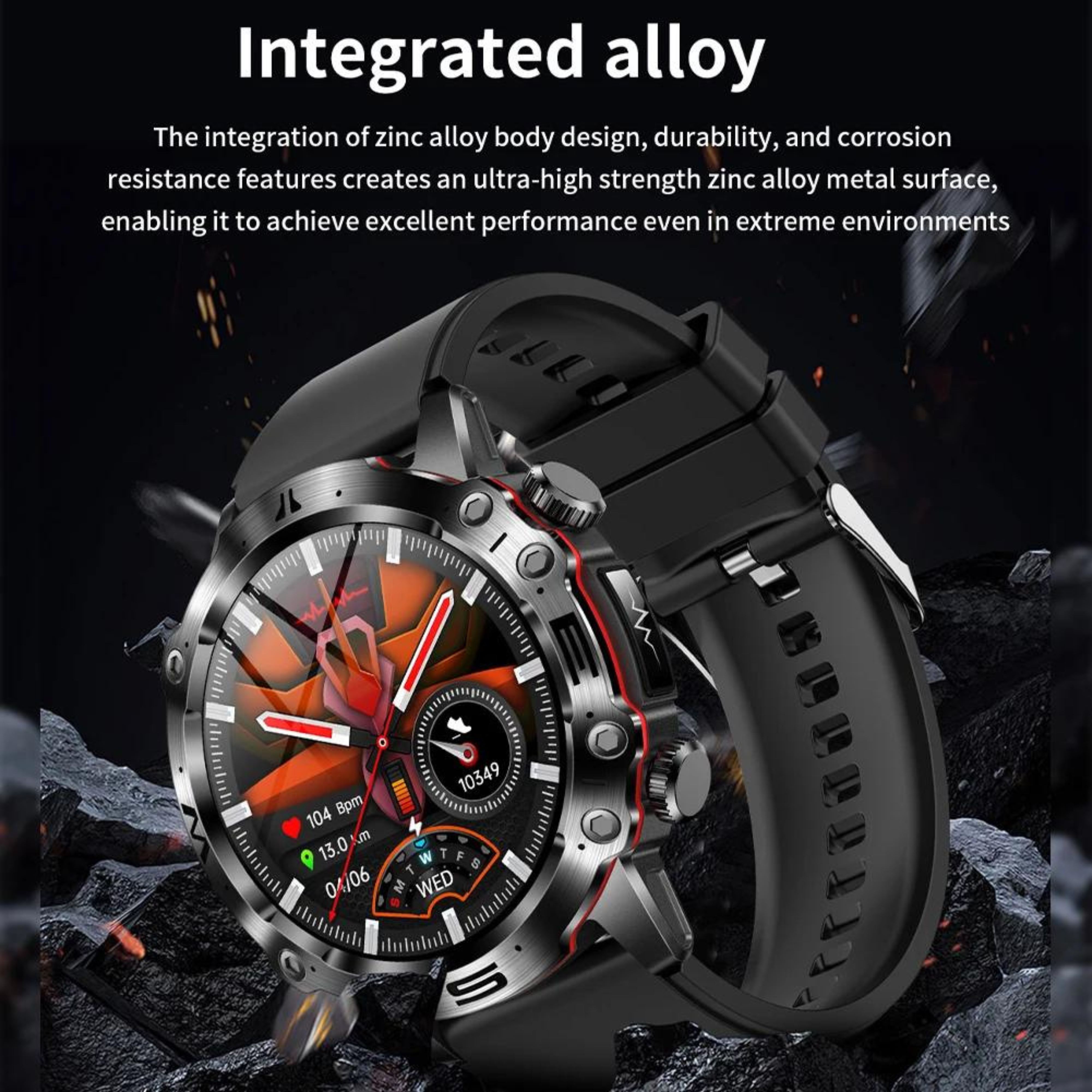 Eine Smartwatch mit schwarzem Armband und silberner Lünette. Das Zifferblatt zeigt Daten an. Der Hintergrund ist dunkel mit Stein.