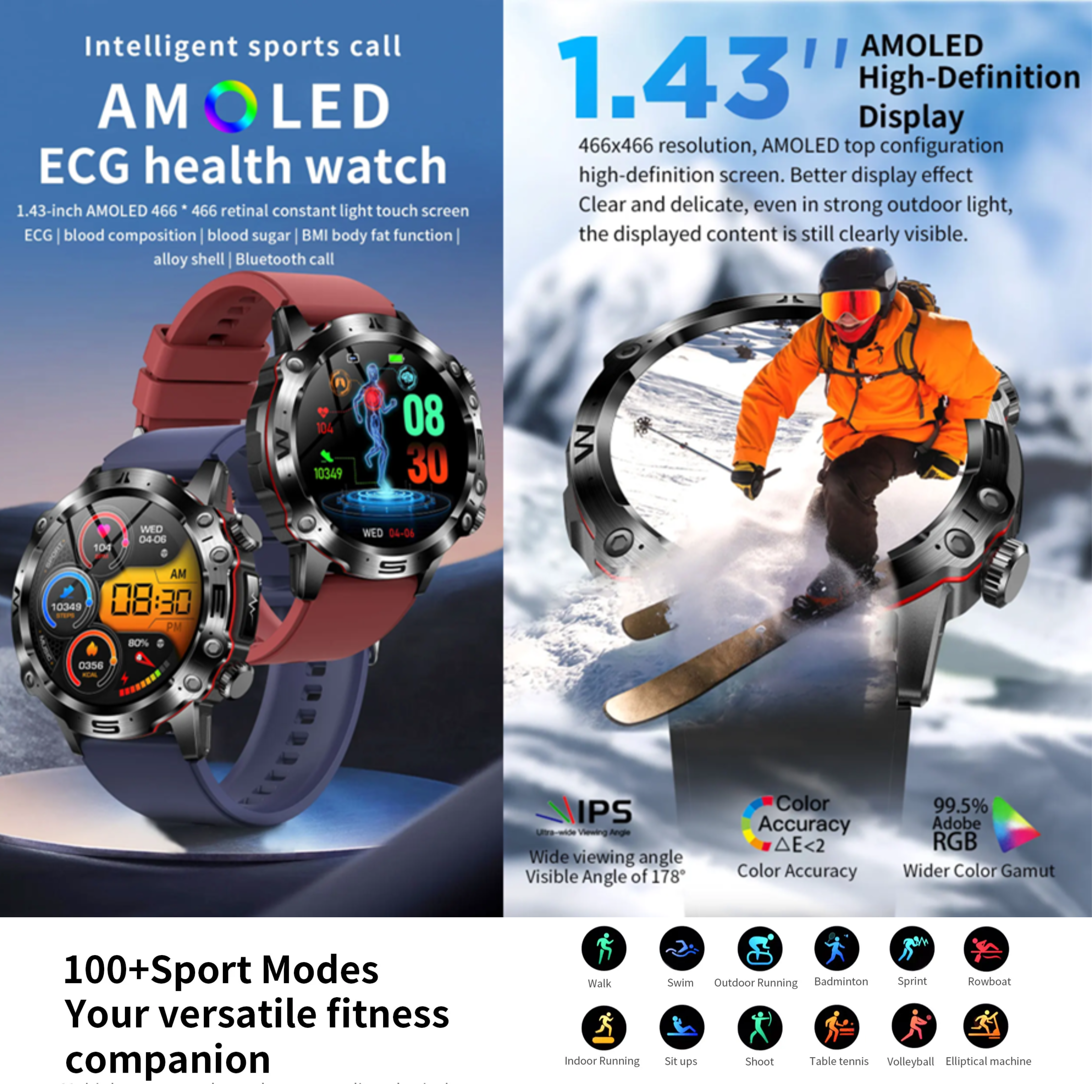 Werbung für eine Smartwatch mit zwei Uhren, einem Skifahrer und Sportmodus-Symbolen.