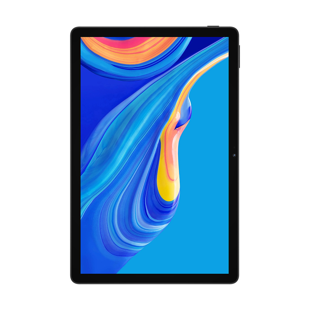 Un tablet nero con uno schermo che mostra un design astratto e colorato di vortici blu, gialli e arancioni.