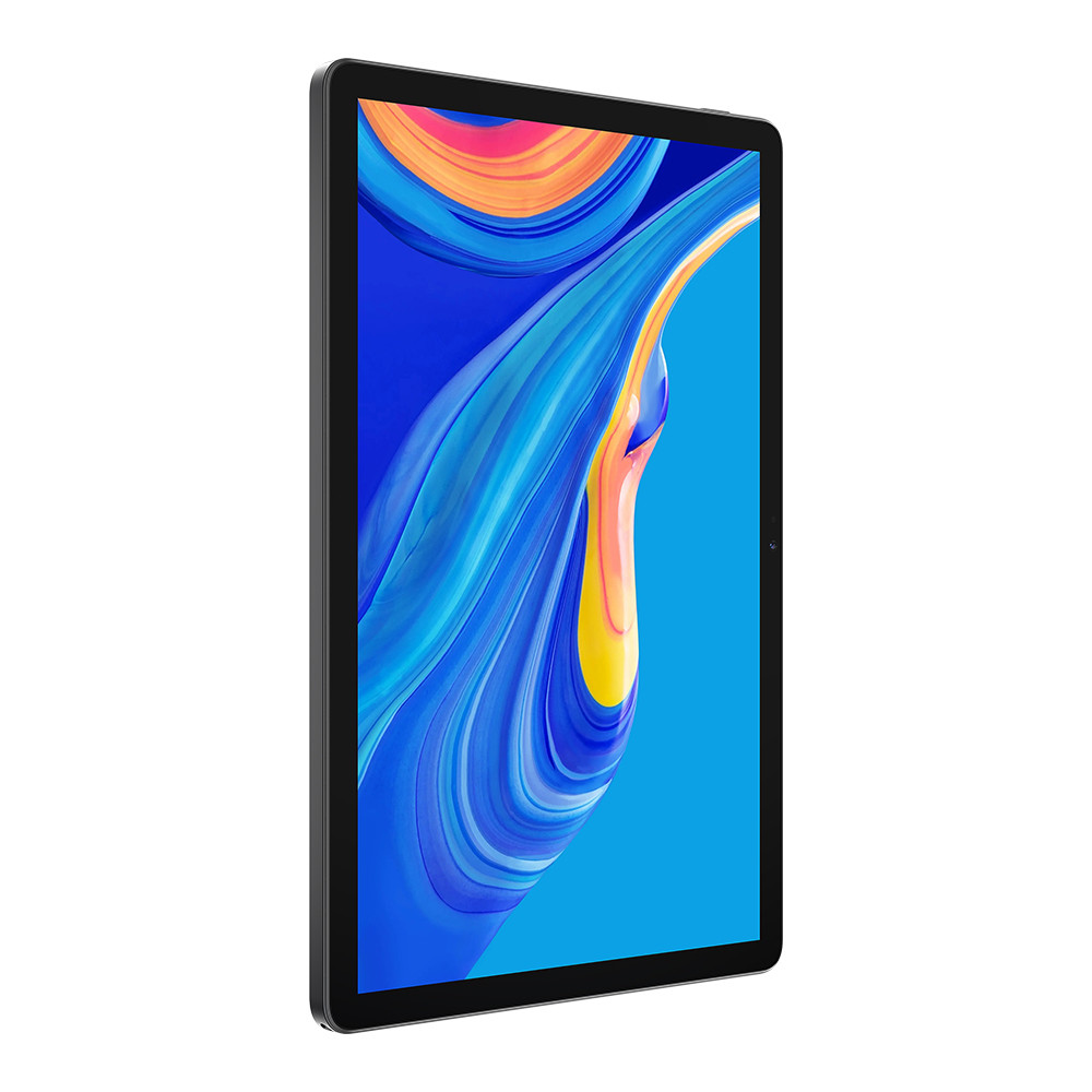 Un tablet nero con uno schermo blu vibrante che mostra un design astratto colorato con vortici gialli, arancioni e blu.