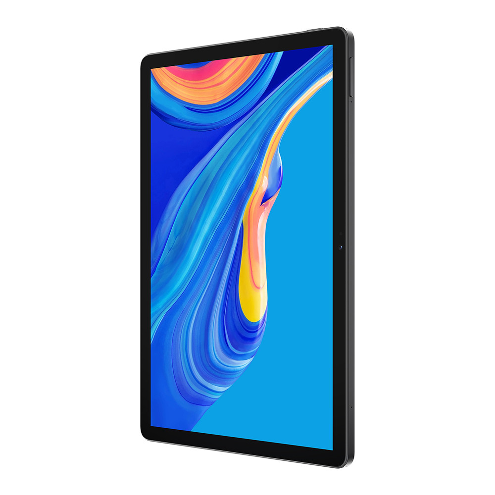 Un tablet nero mostra arte astratta colorata su sfondo bianco. Lo schermo ha uno sfondo blu con arancione e giallo.