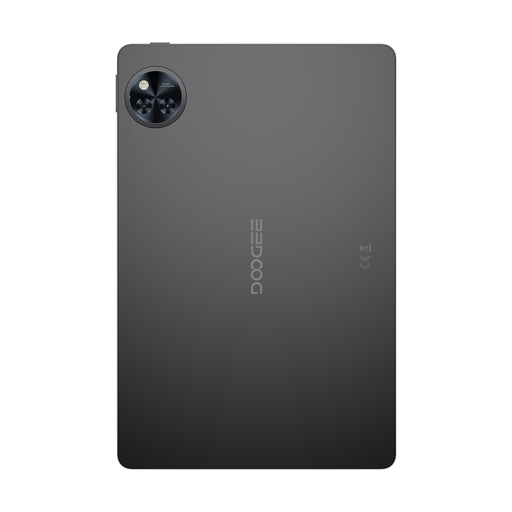 Retro di un tablet grigio, logo DOOGEE, protuberanza della fotocamera e alcune certificazioni. Il tablet è rettangolare con angoli arrotondati.