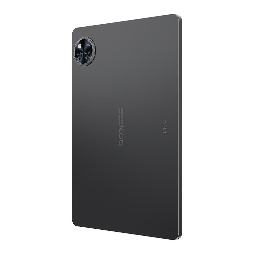 Retro del tablet nero, gruppo fotocamere in alto a sinistra. Logo DOOGEE verticale. Design elegante e moderno.