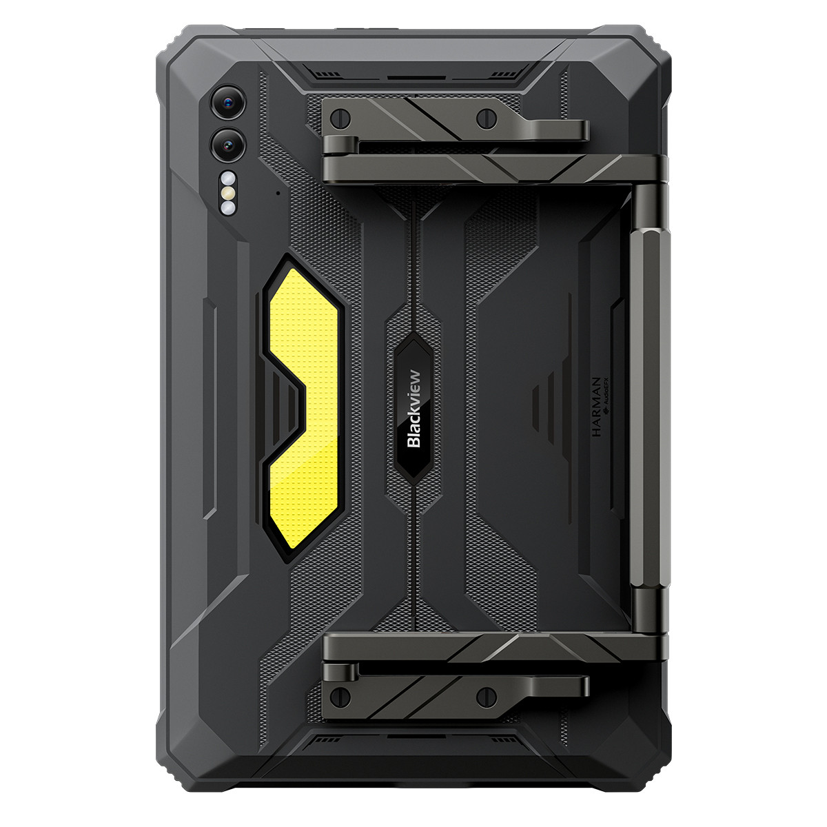 Retro tablet Blackview robusto. Design nero e grigio con accento giallo. Caratteristiche del marchio Harman e staffe esterne.