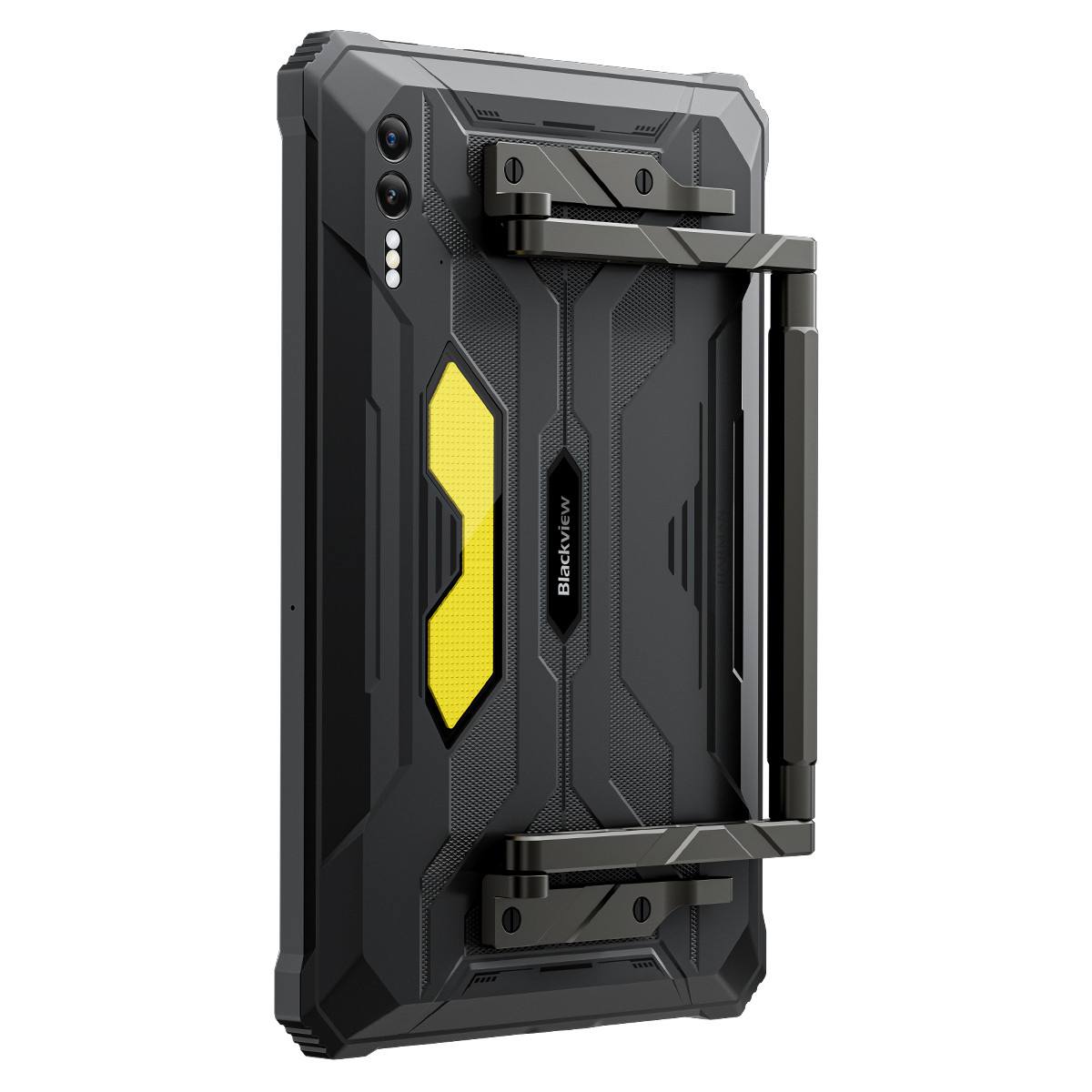 Custodia per telefono nera e robusta con accento giallo. Presenta una maniglia e lenti della fotocamera. Logo Blackview visibile.