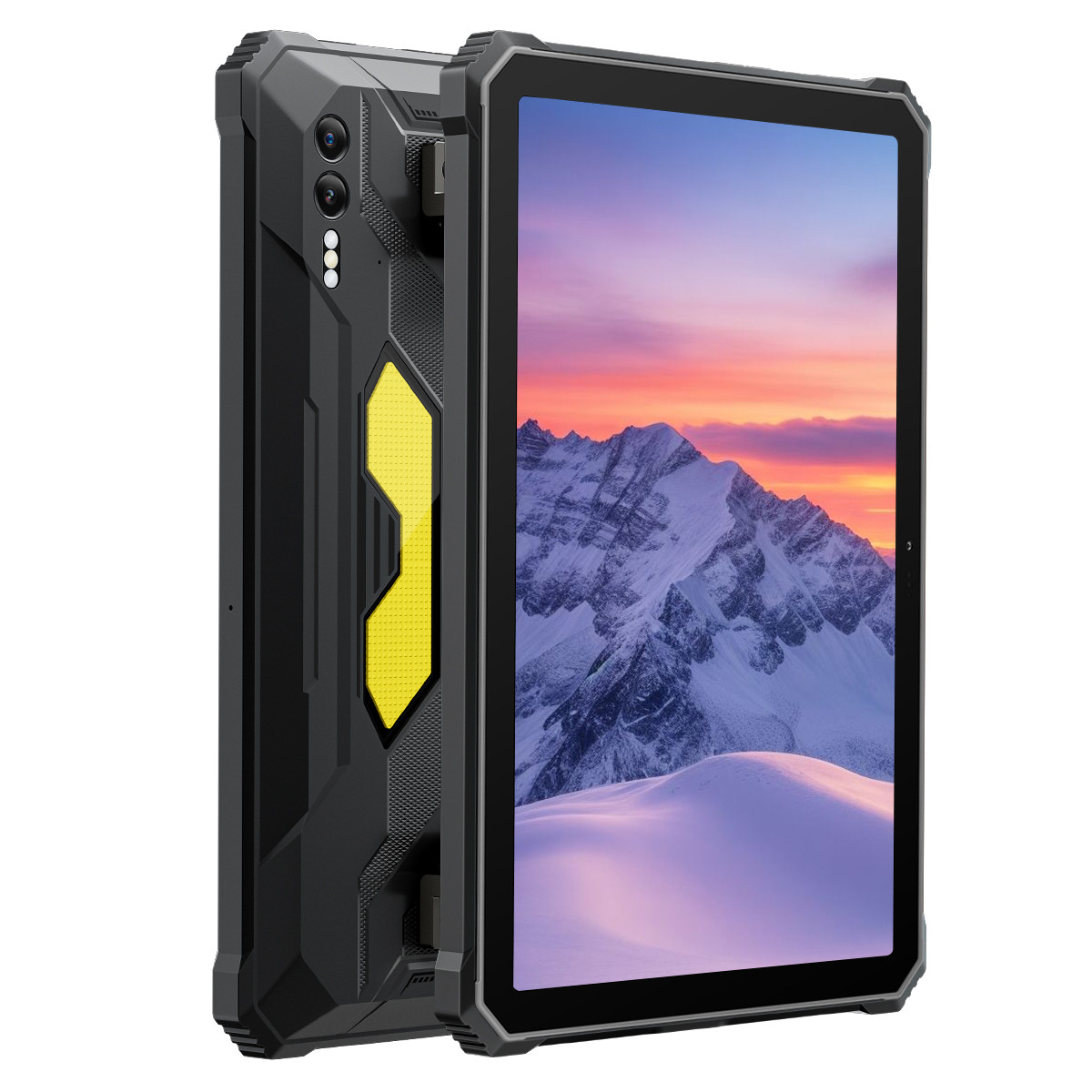 Tablet con custodia protettiva nera e gialla. Lo schermo mostra una scena di montagna innevata con tramonto colorato.