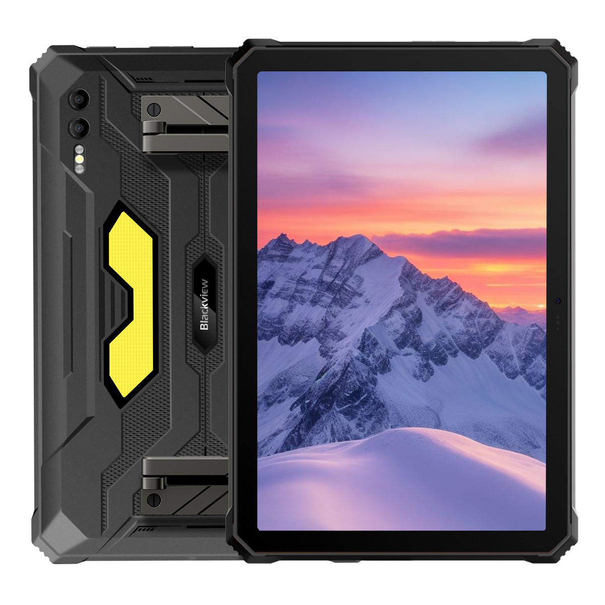 Tablet robusto con schermo che mostra un paesaggio montano al tramonto. Il tablet è nero con dettagli gialli.